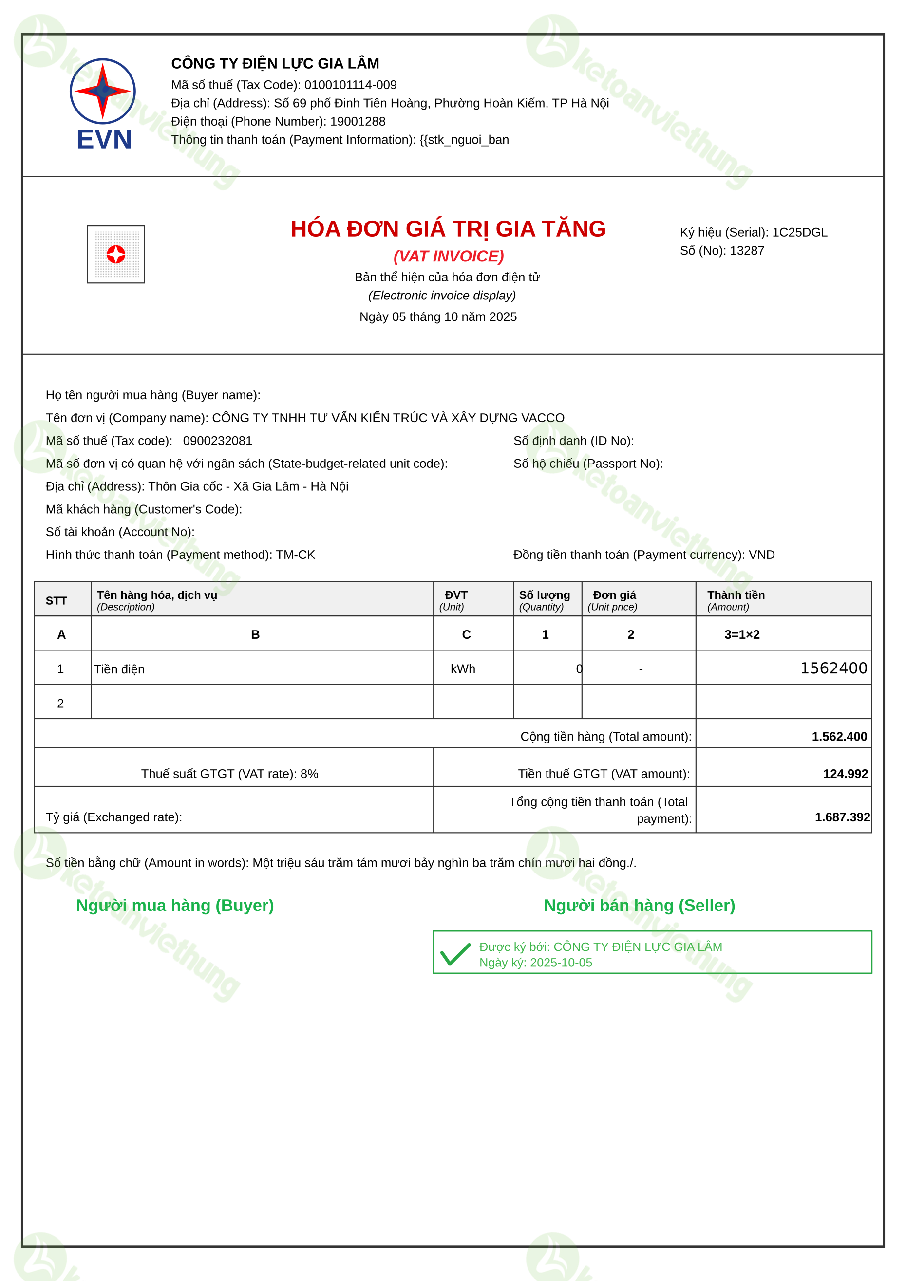 Hóa đơn tiền điện: 13287