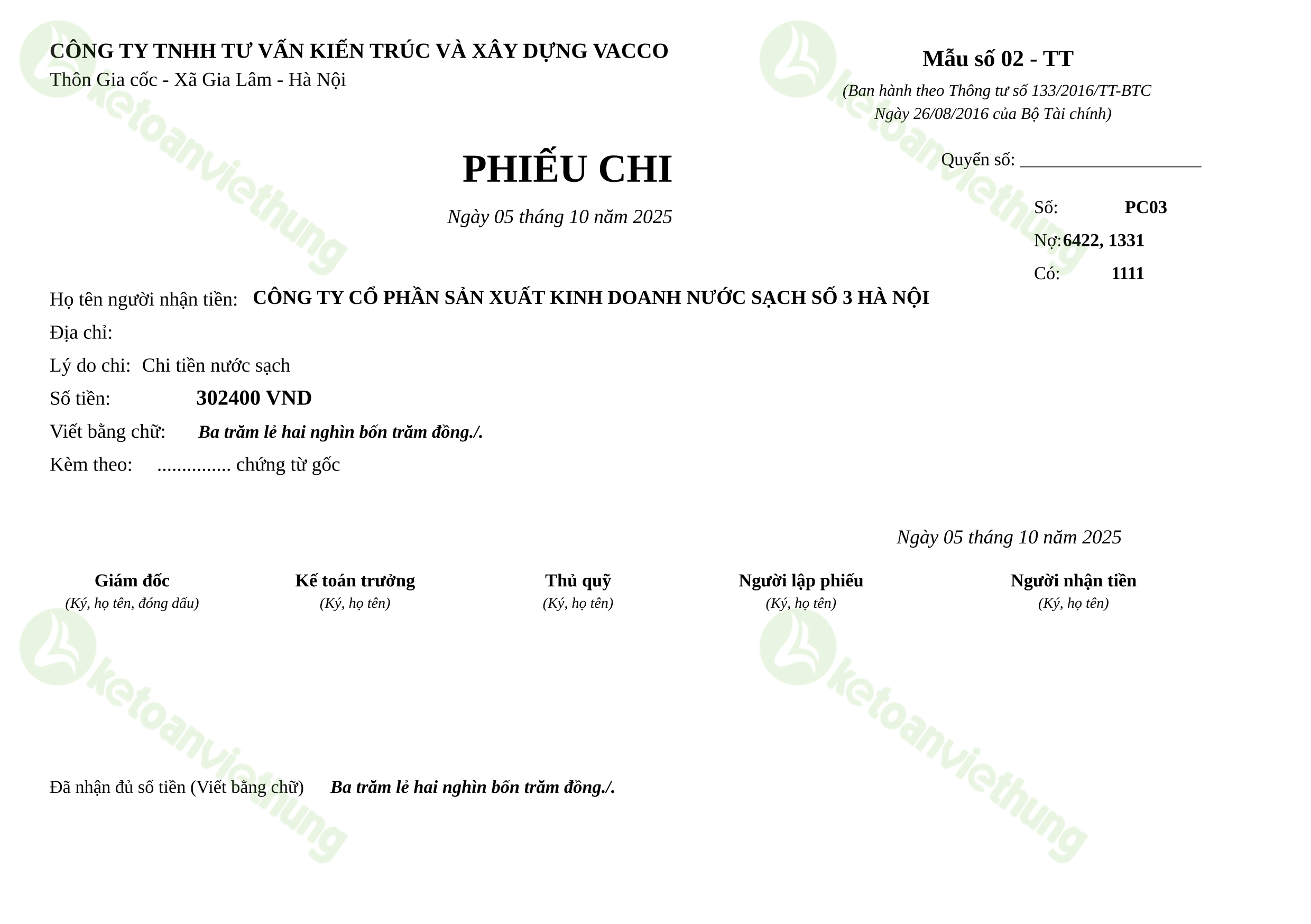 Phiếu chi thanh toán chi phí sản xuất kinh doanh: PC03