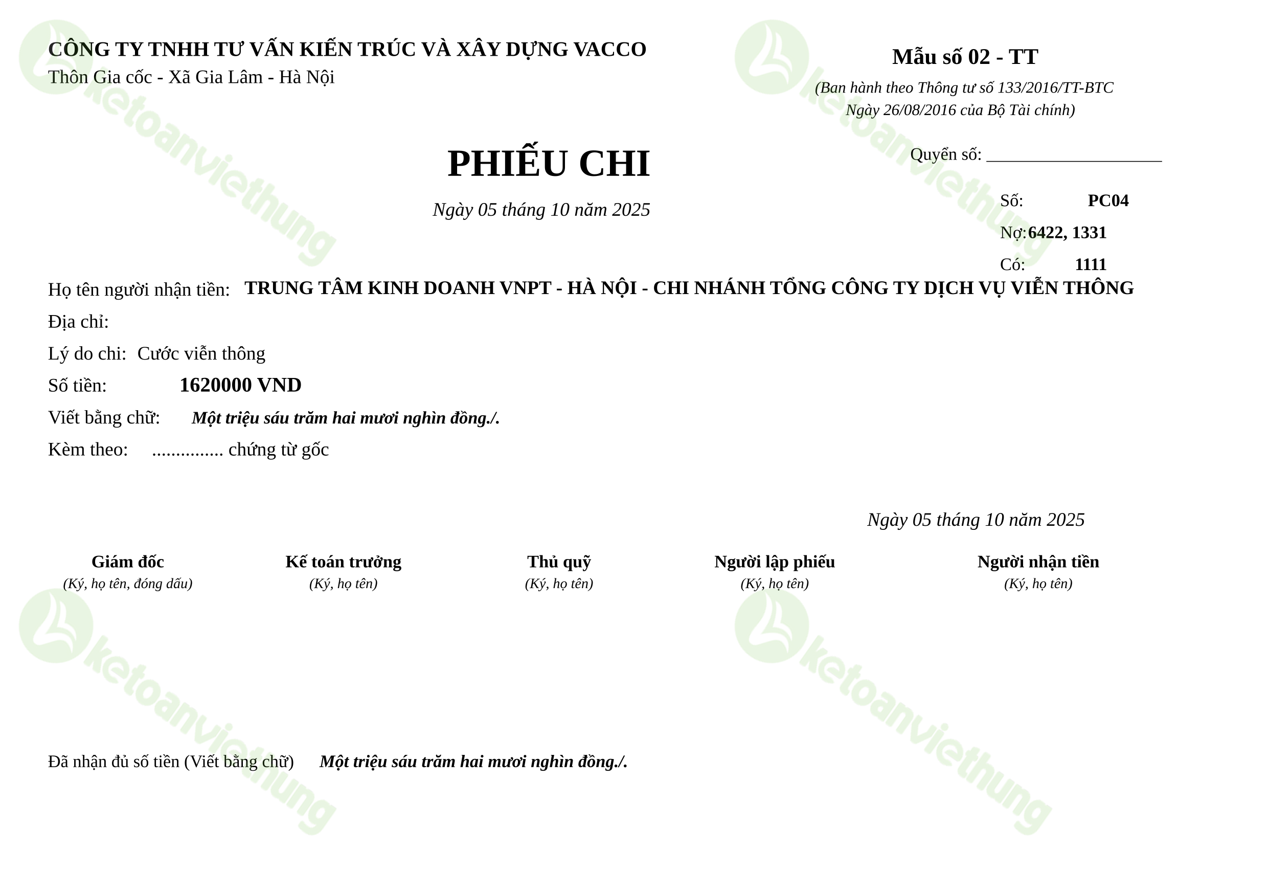 Phiếu chi thanh toán cước viễn thông: PC04