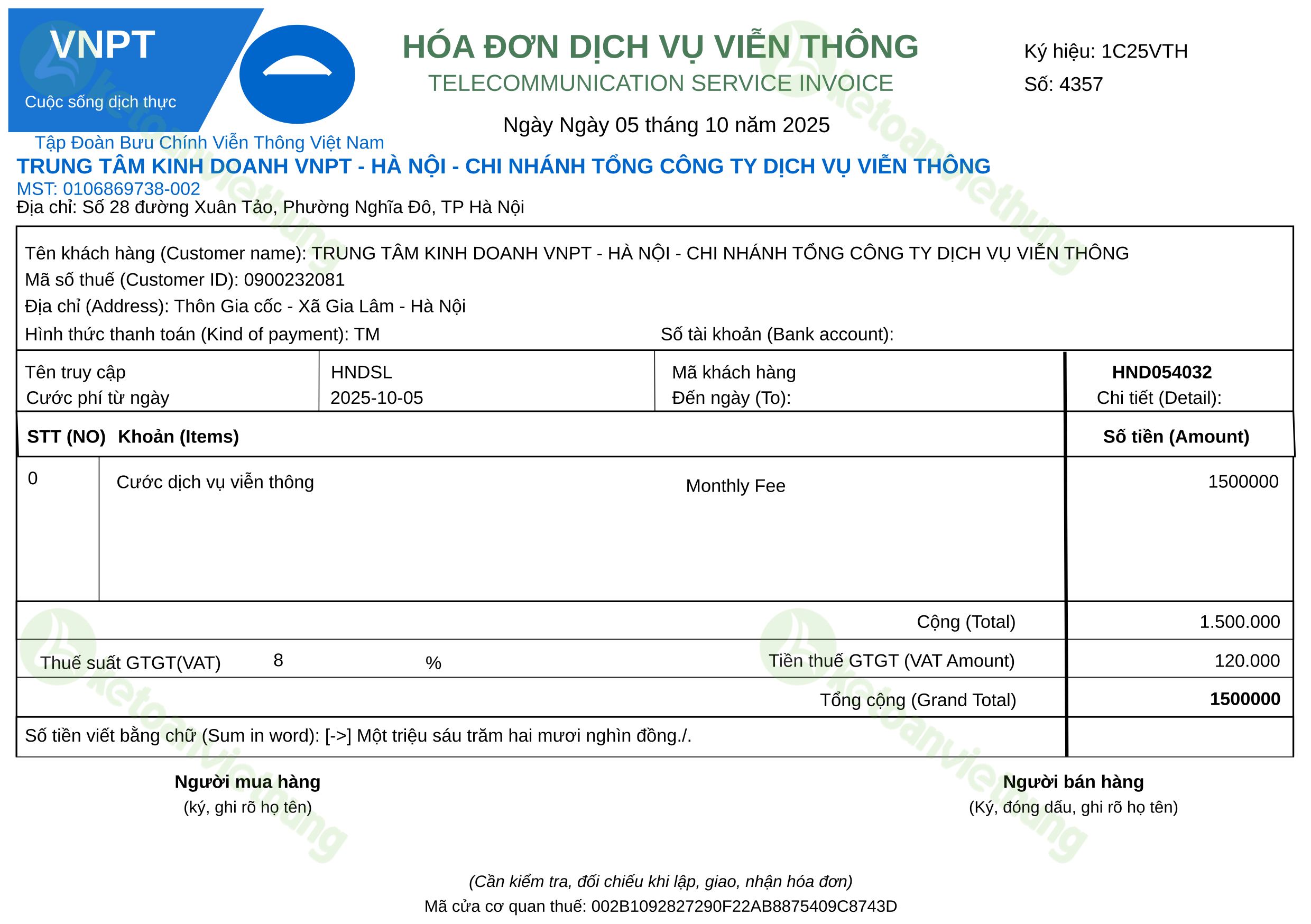 Hóa đơn cước viễn thông: 4357