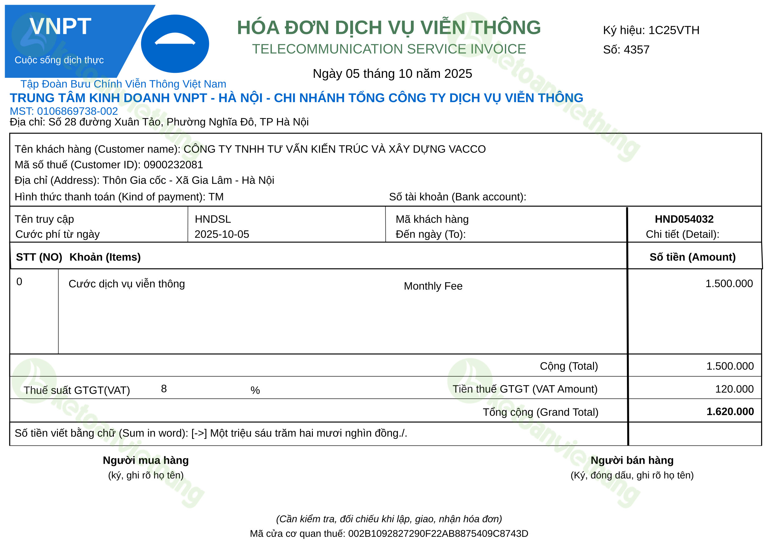 Hóa đơn cước viễn thông: 4357