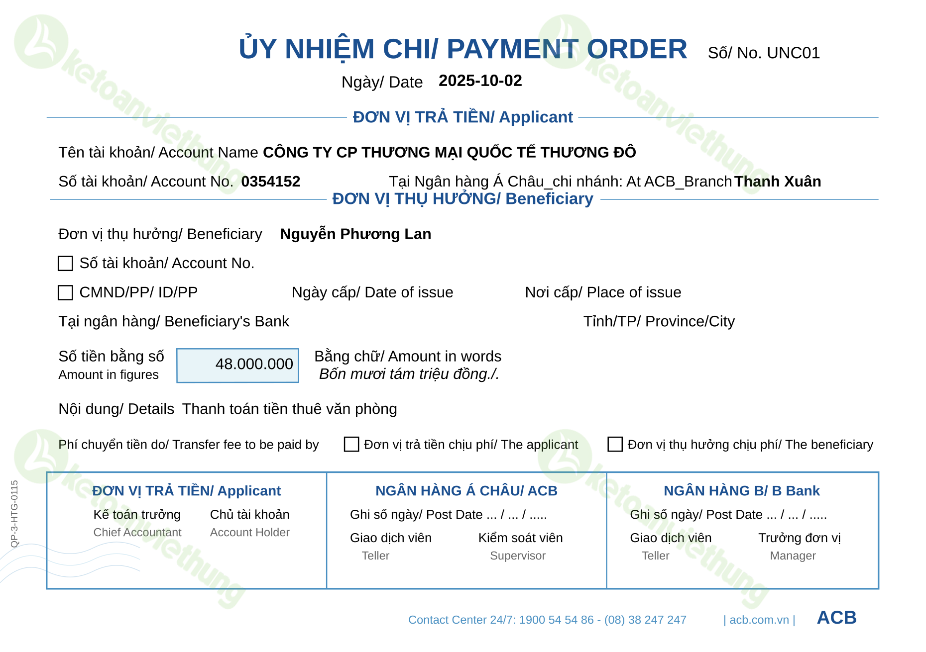 Ủy nhiệm chi trả tiền nhà cung cấp trong nước: UNC01