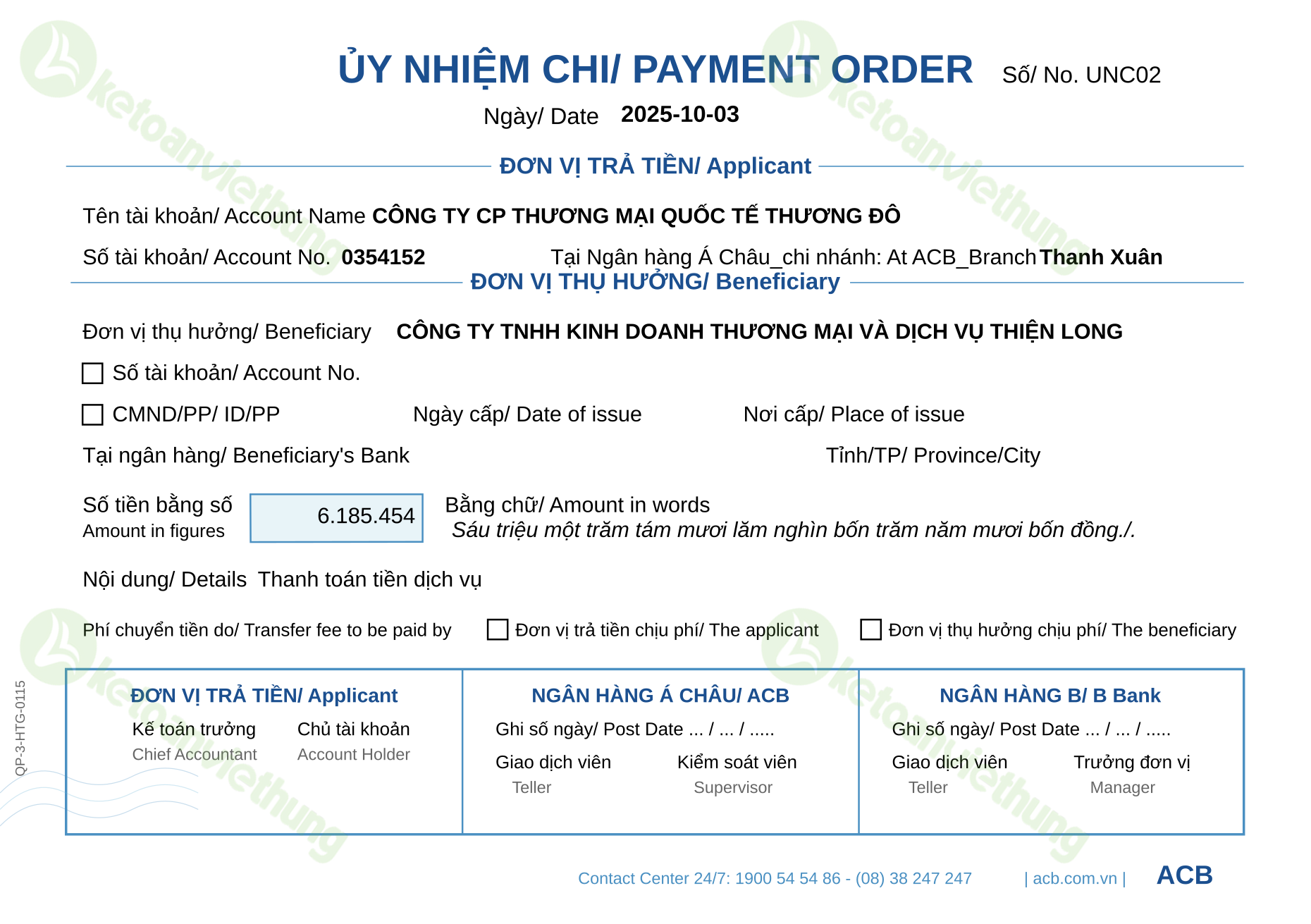 Ủy nhiệm chi trả tiền nhà cung cấp trong nước: UNC02