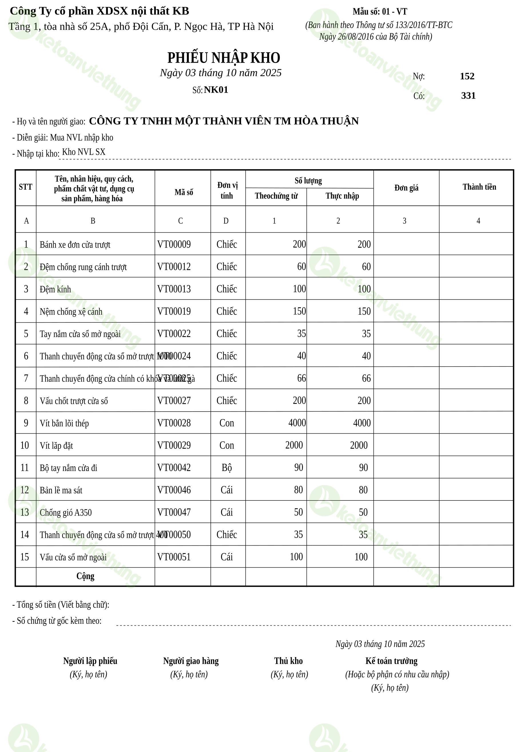 Phiếu nhập kho tài sản cố định: NK01