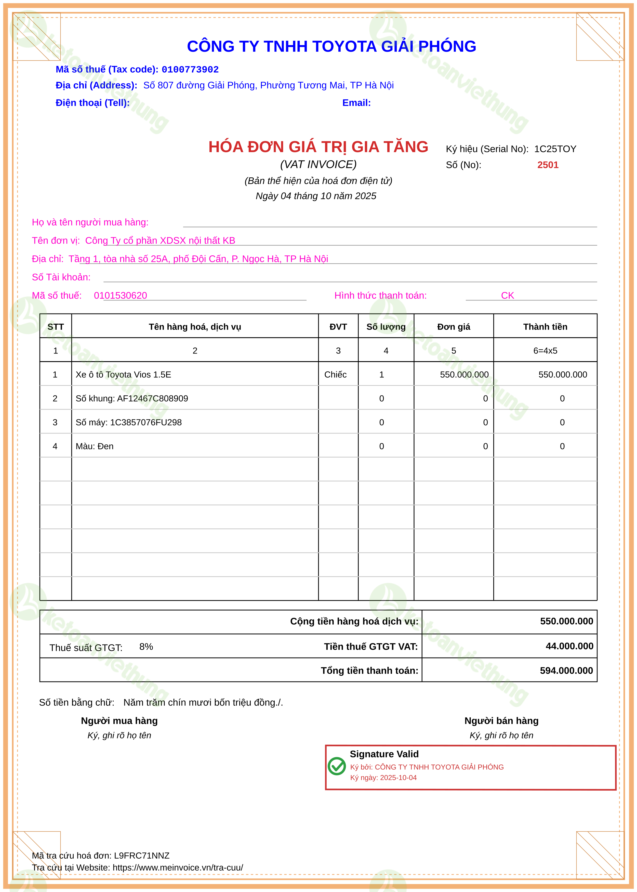 Hóa đơn mua tài sản cố định: 2501