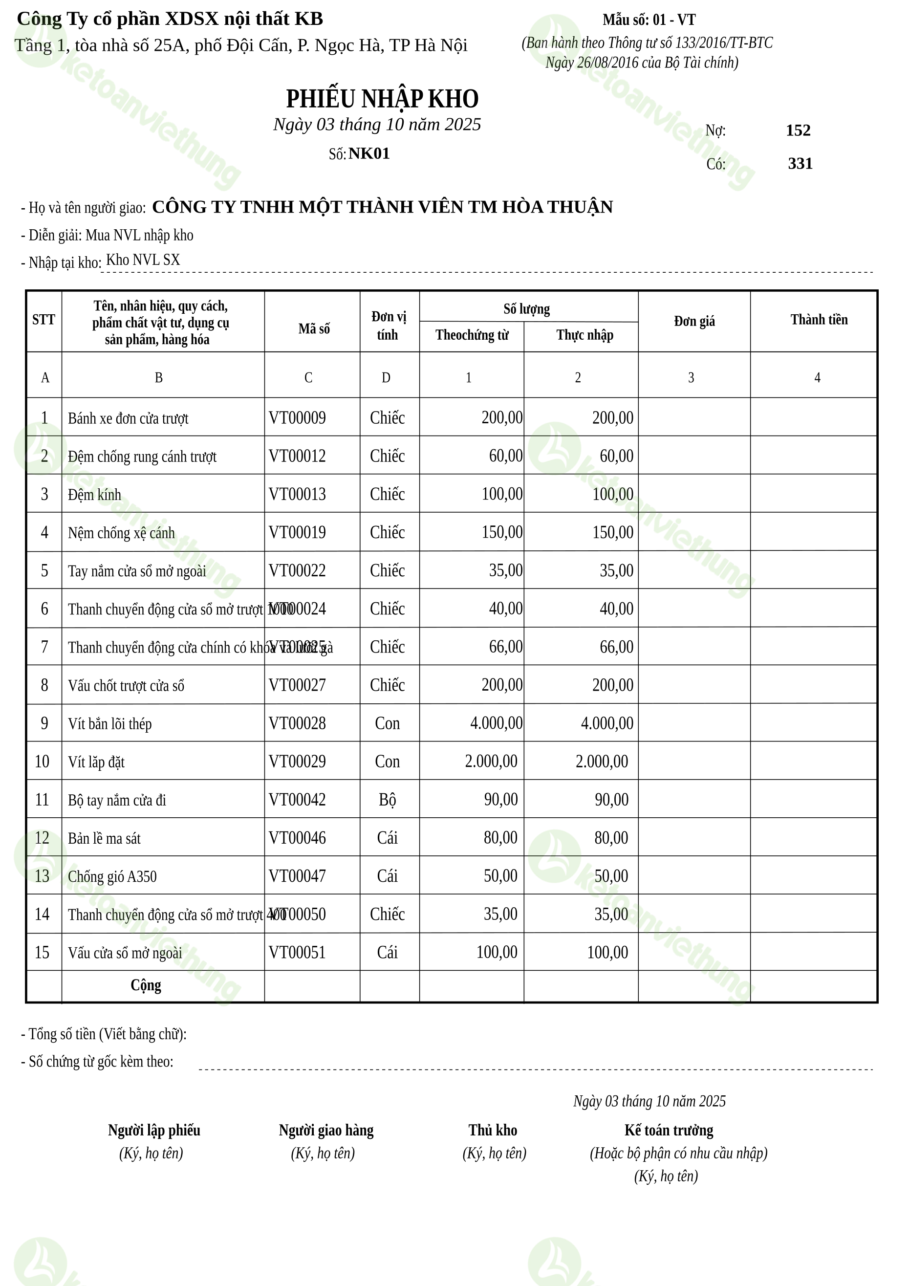 Phiếu nhập kho nguyên vật liệu: NK01