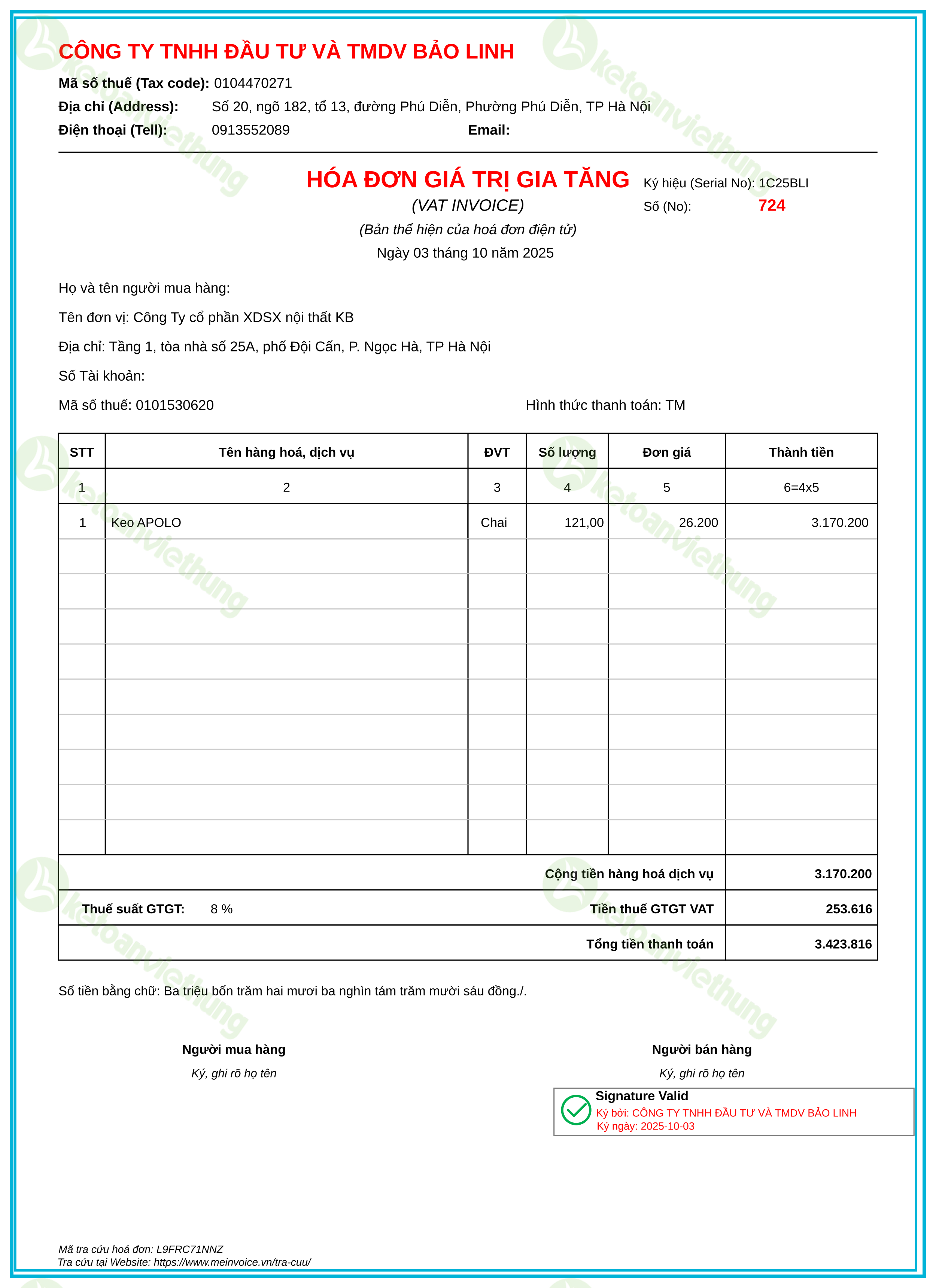 Hóa đơn mua nguyên vật liệu: 724