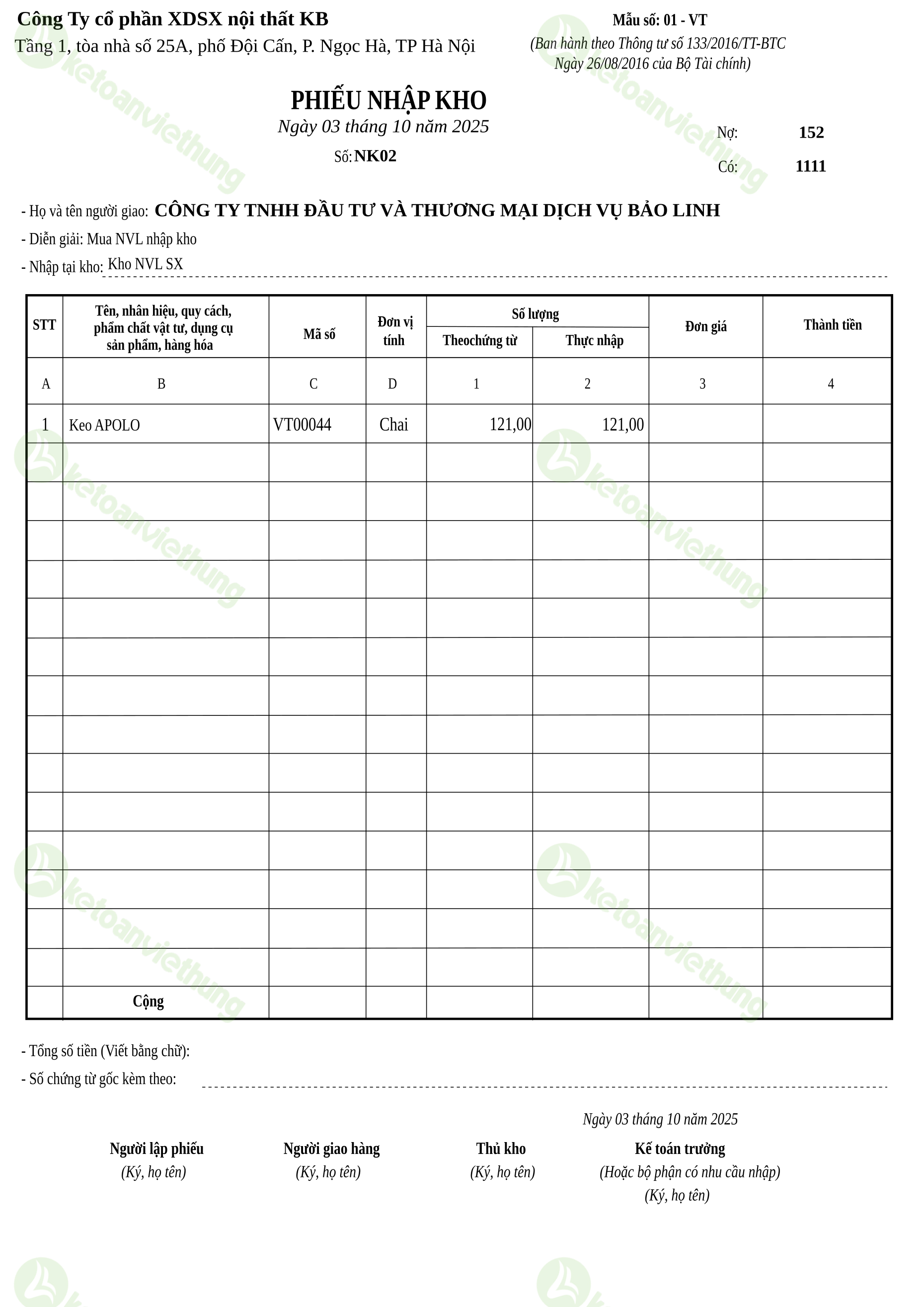 Phiếu nhập kho nguyên vật liệu: NK02
