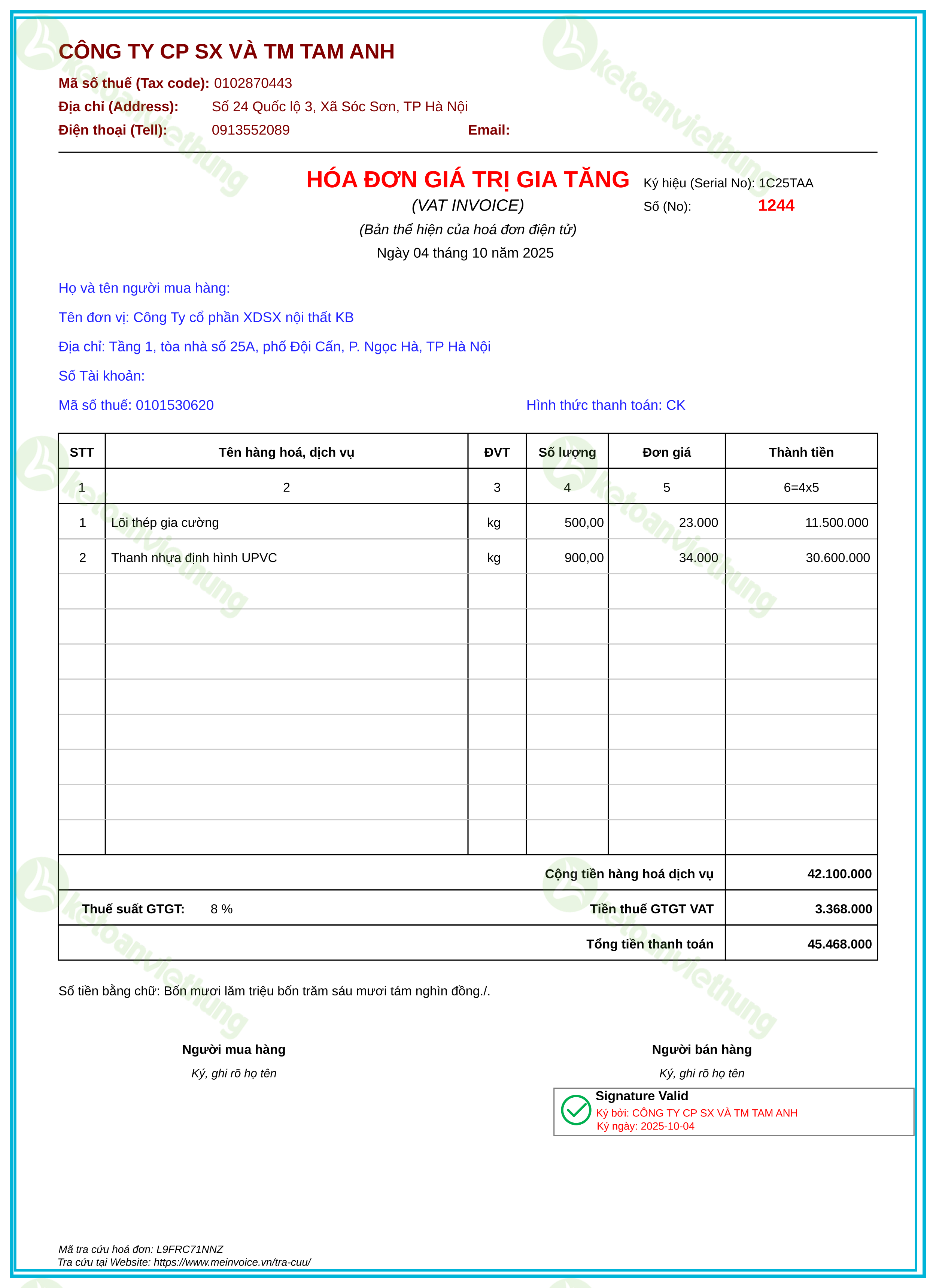 Hóa đơn mua nguyên vật liệu: 1244