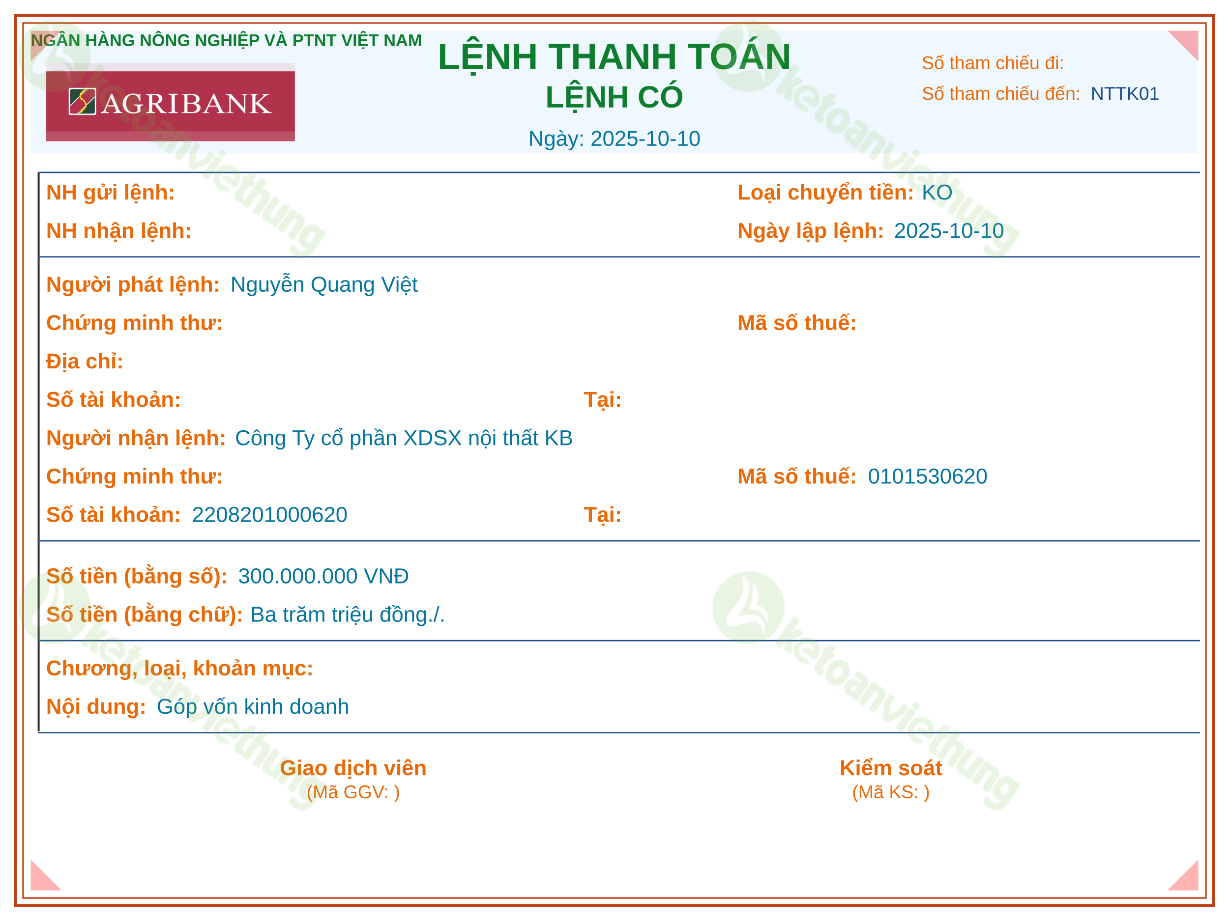 Giấy báo có Góp vốn kinh doanh