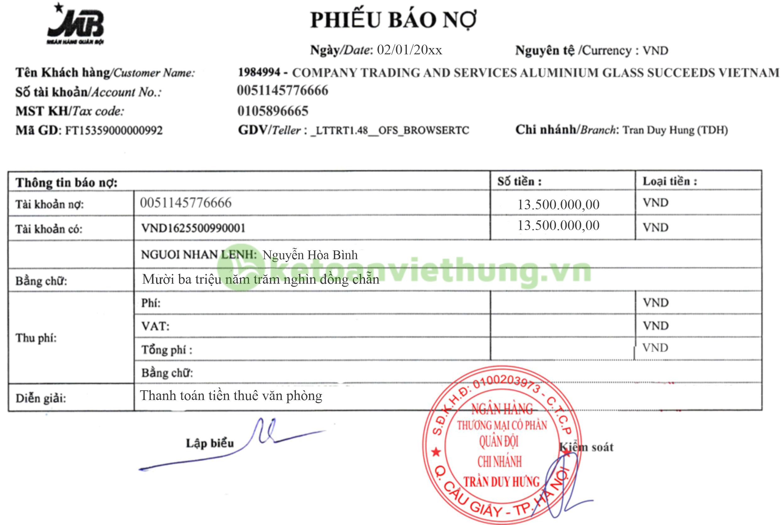 T28-P4 - Phiếu báo nợ - Tiền thuê nhà