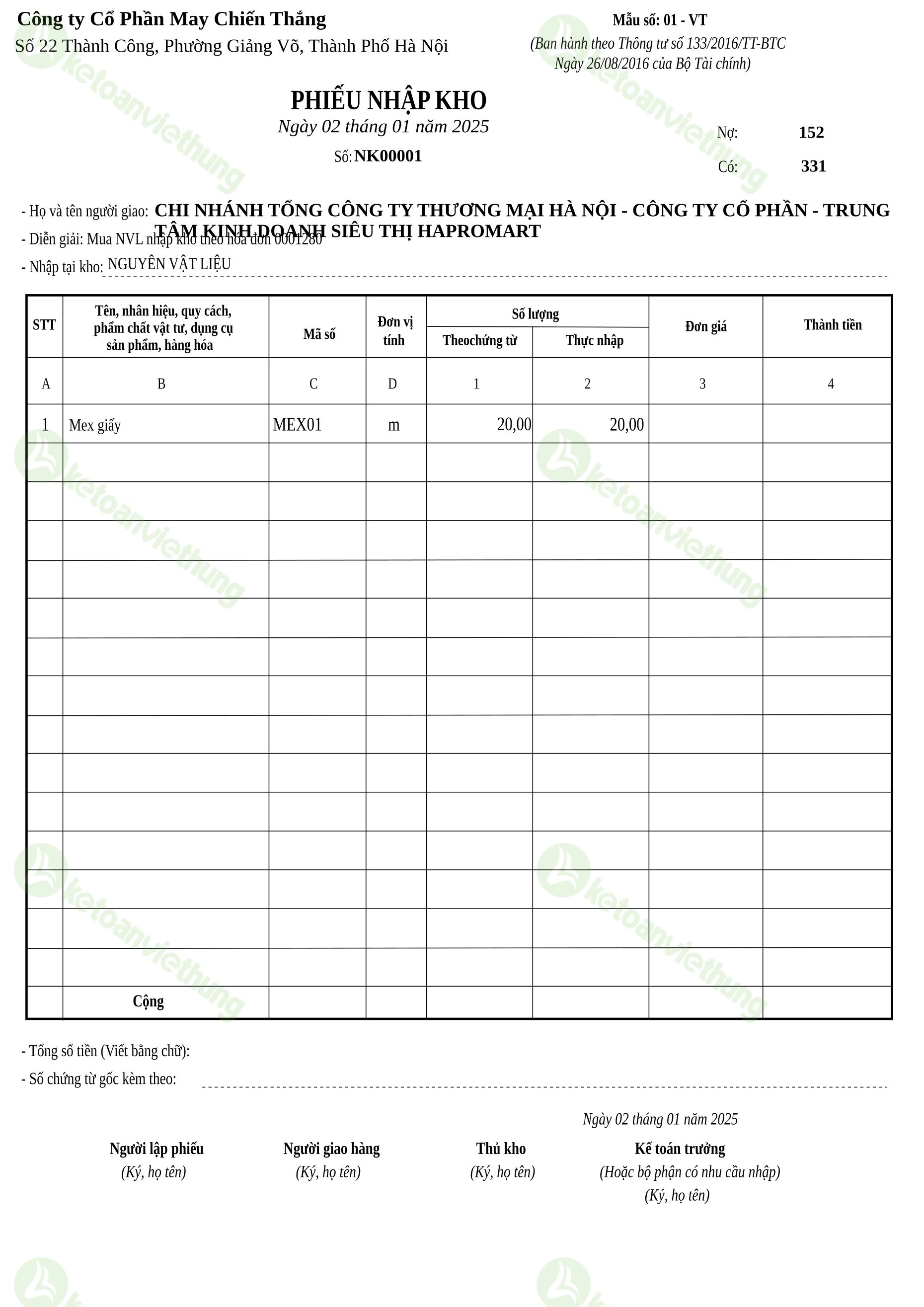 Phiếu nhập kho nguyên vật liệu: NK00001