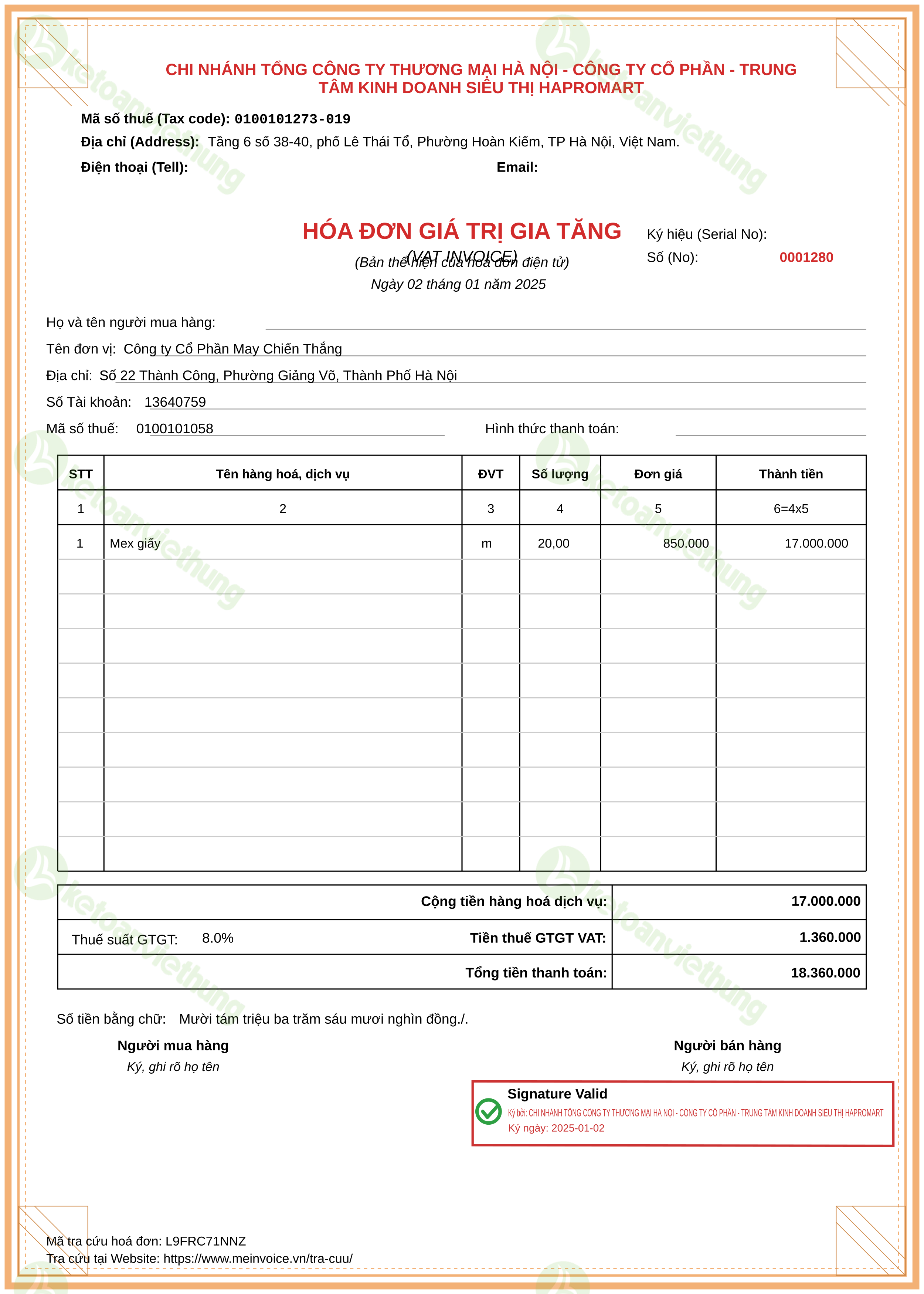 Hóa đơn mua nguyên vật liệu: 0001280