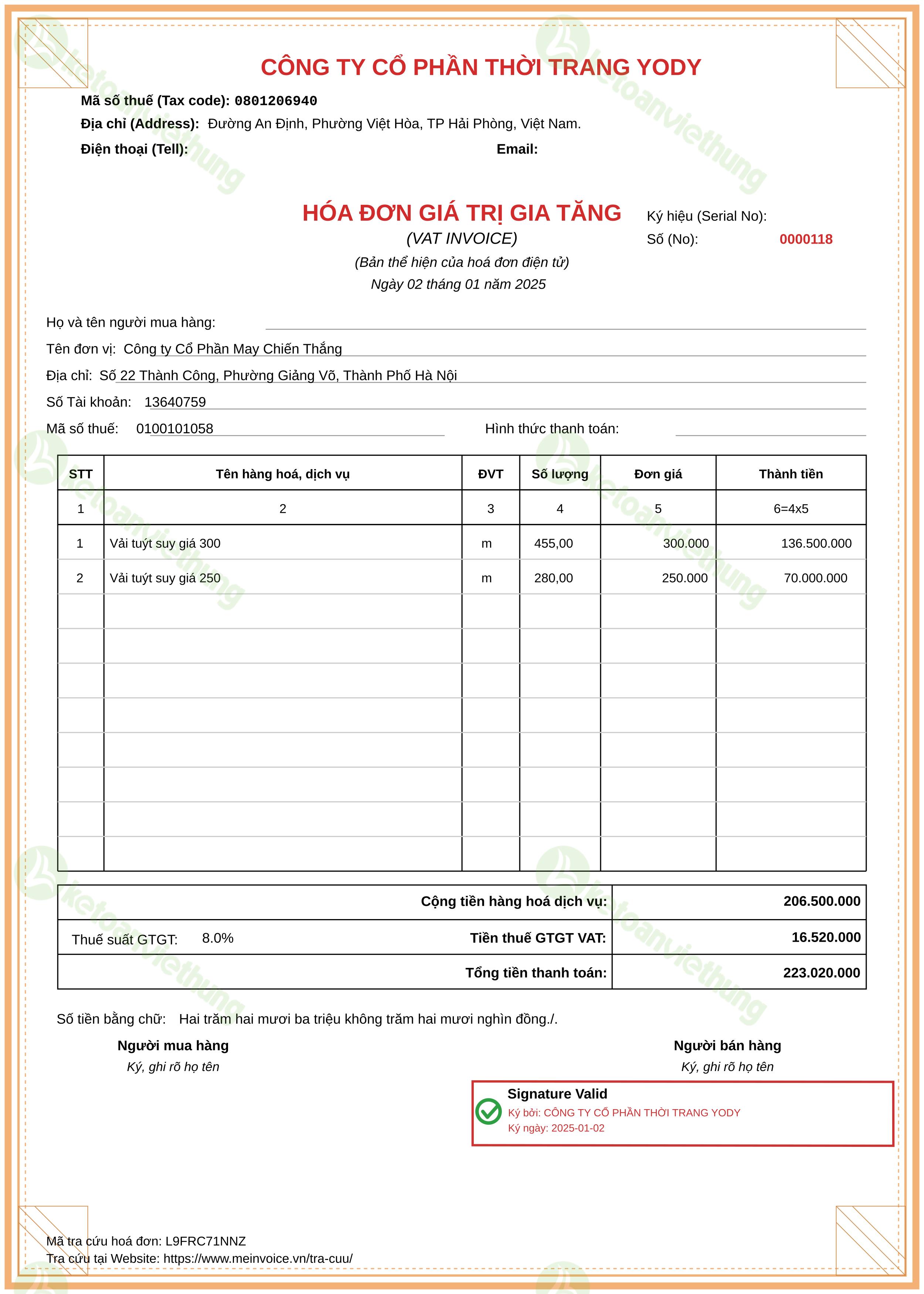 Hóa đơn mua nguyên vật liệu: 0000118