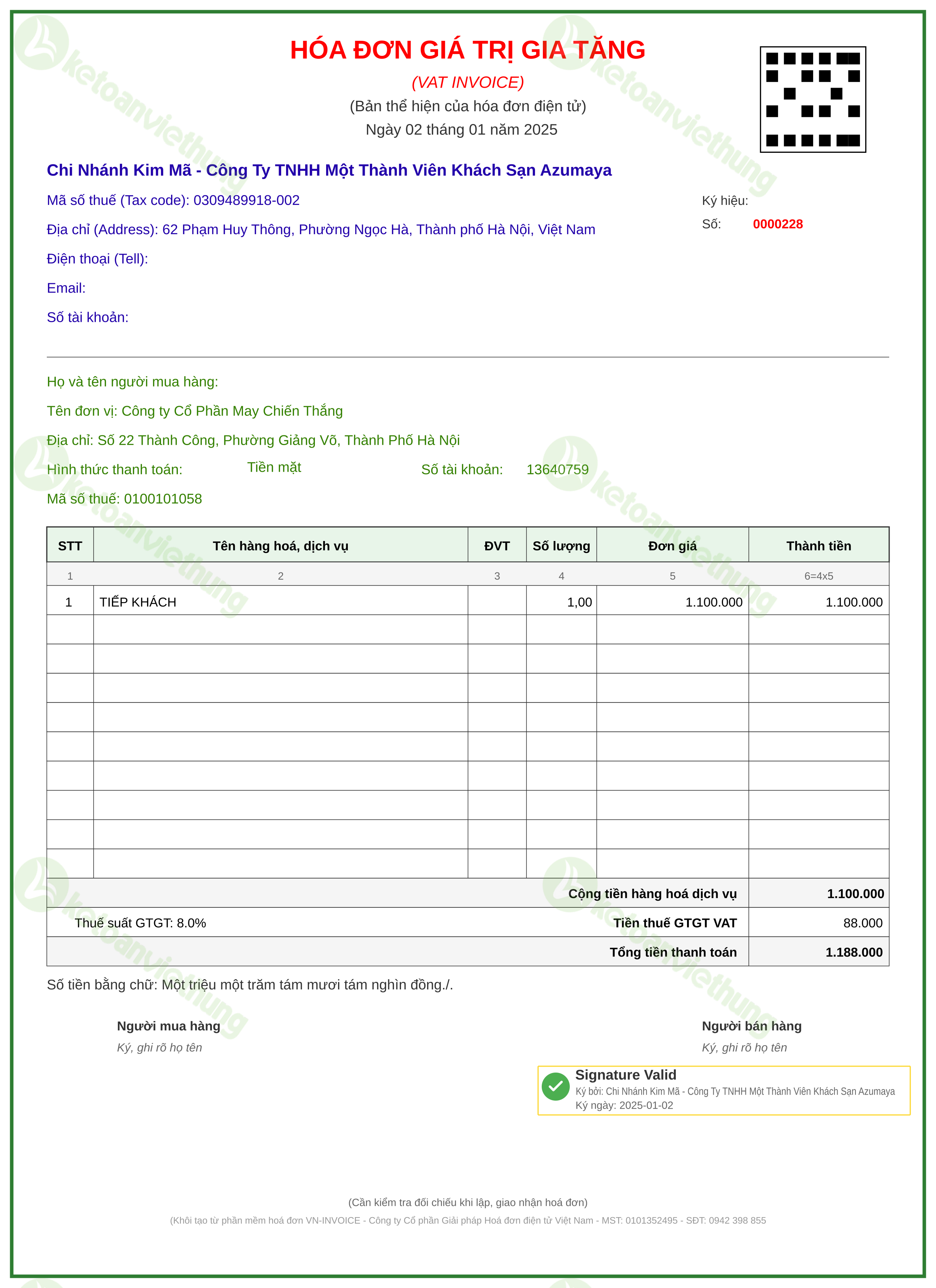 Hóa đơn chi phí tiếp khách: 0000228
