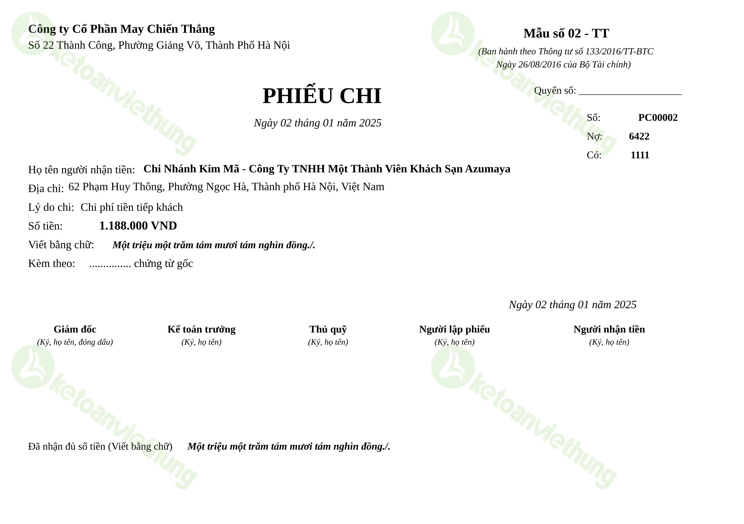 Phiếu chi thanh toán chi phí tiếp khách: PC00002