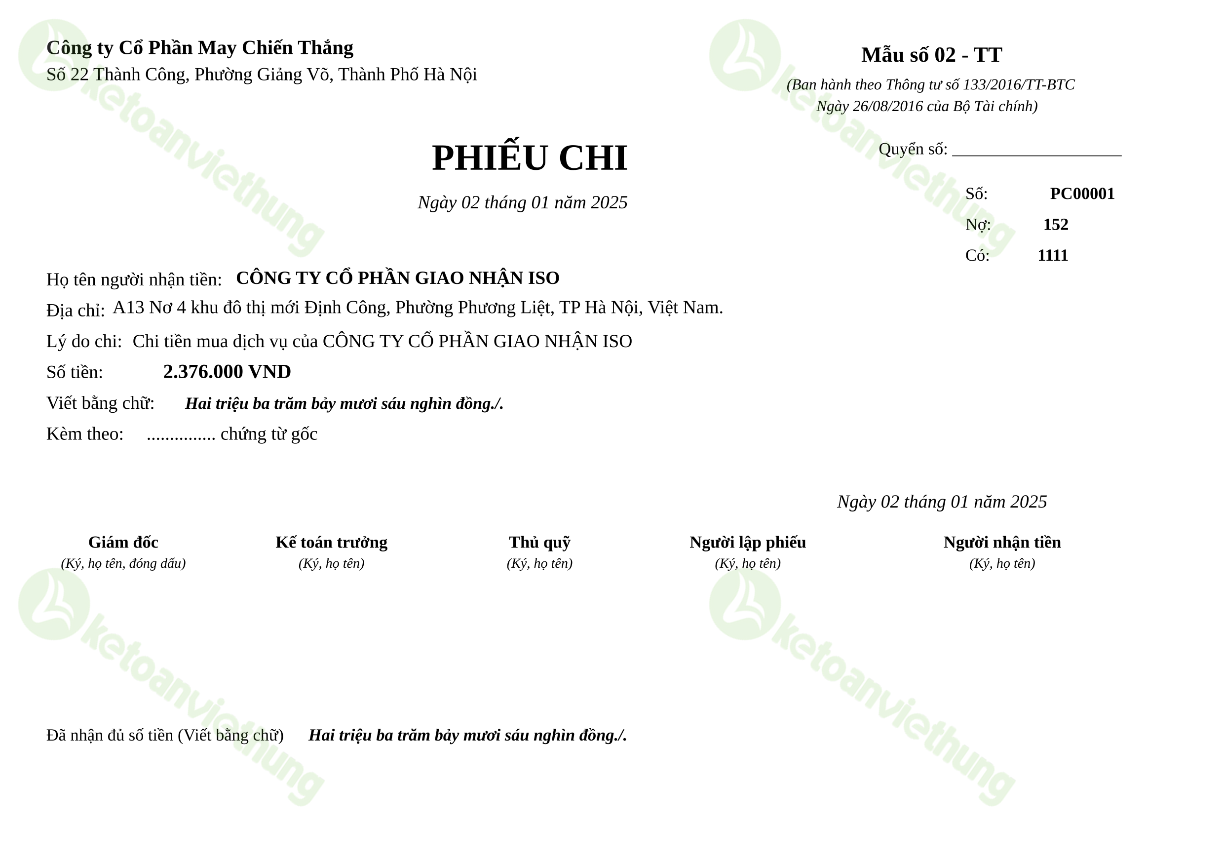 Phiếu chi thanh toán chi phí giao nhận: PC00001