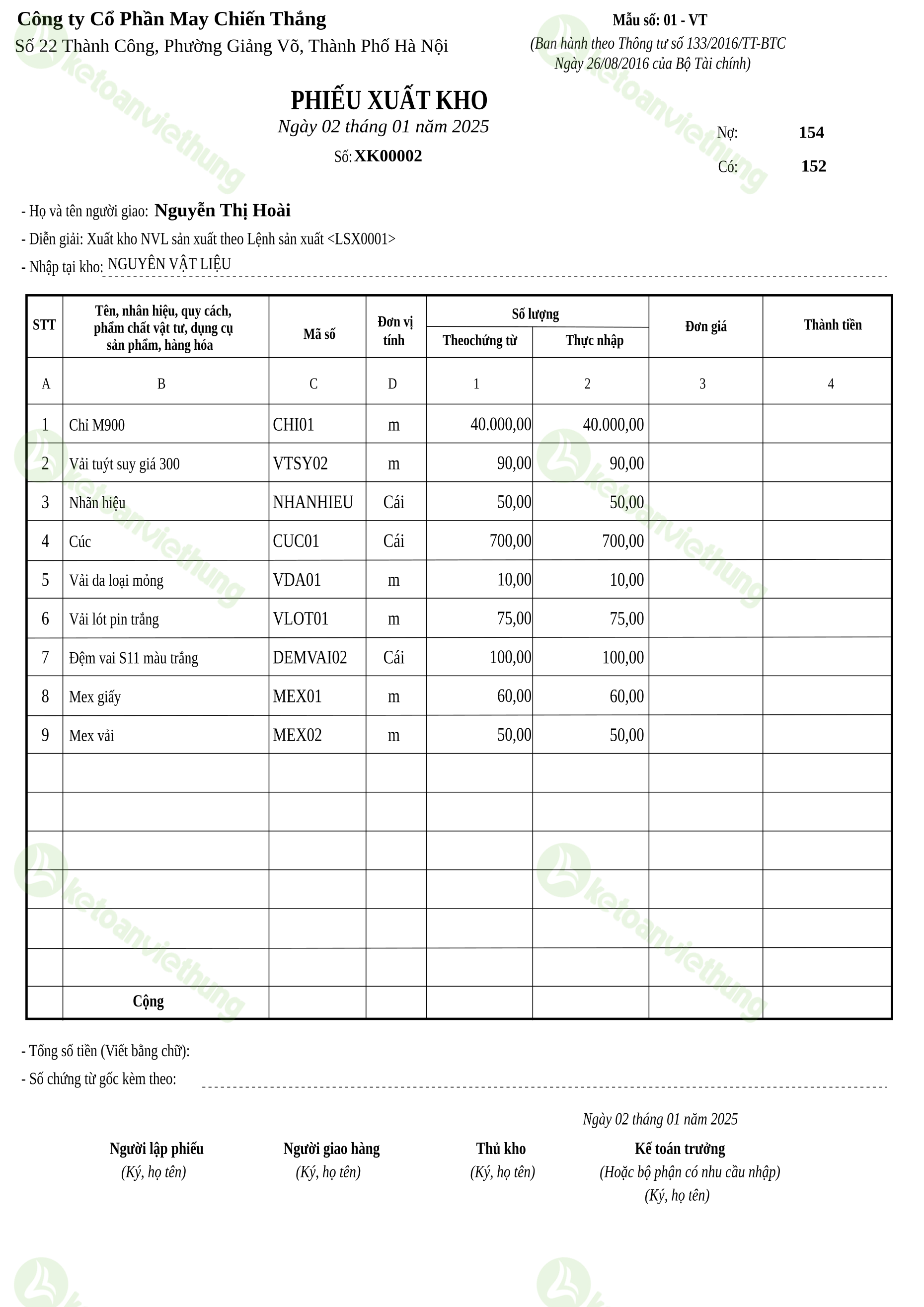 Phiếu xuất kho nguyên vật liệu dùng cho sản xuất: XK00002