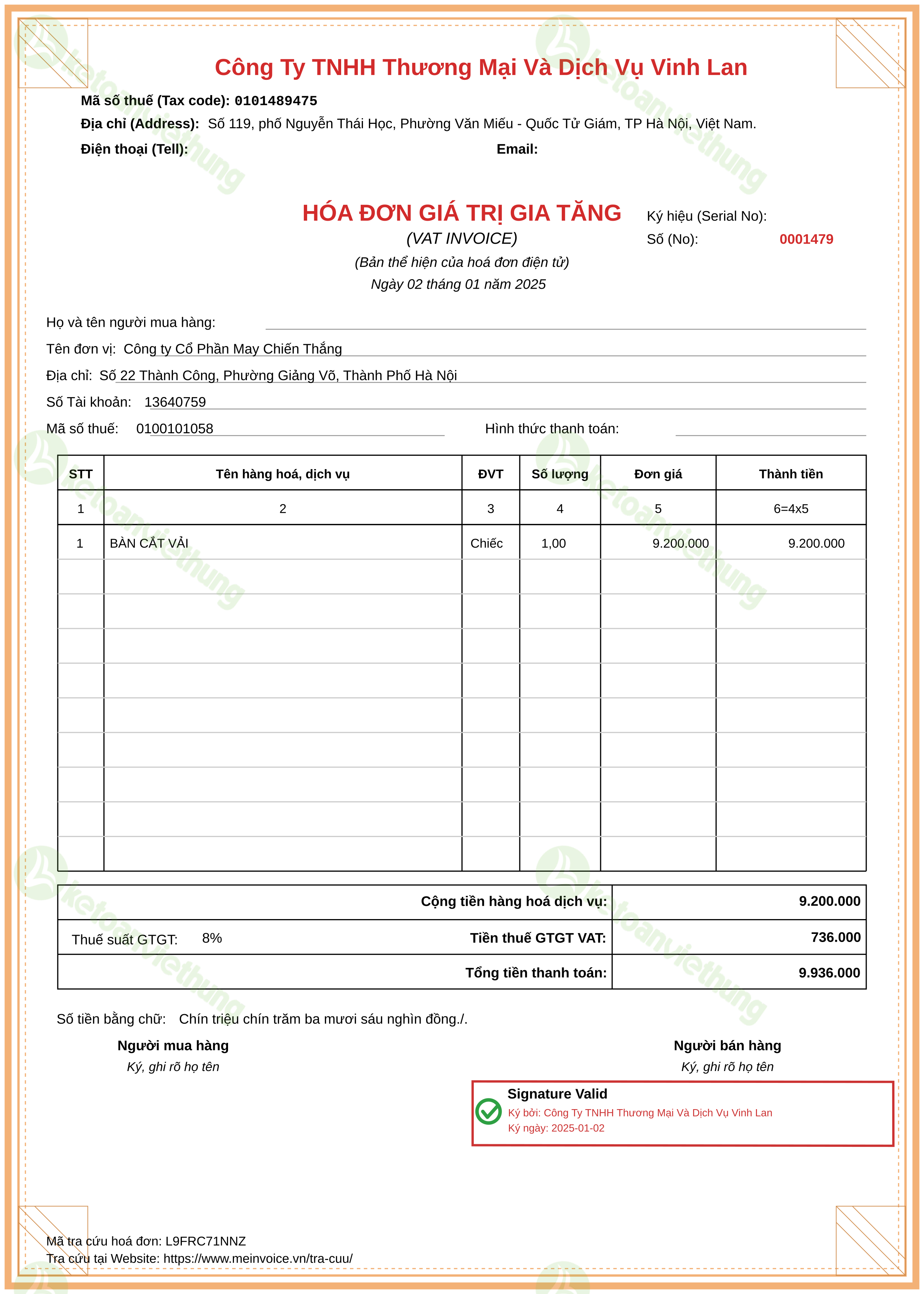 Hóa đơn mua vào chi phí trả trước: 1479