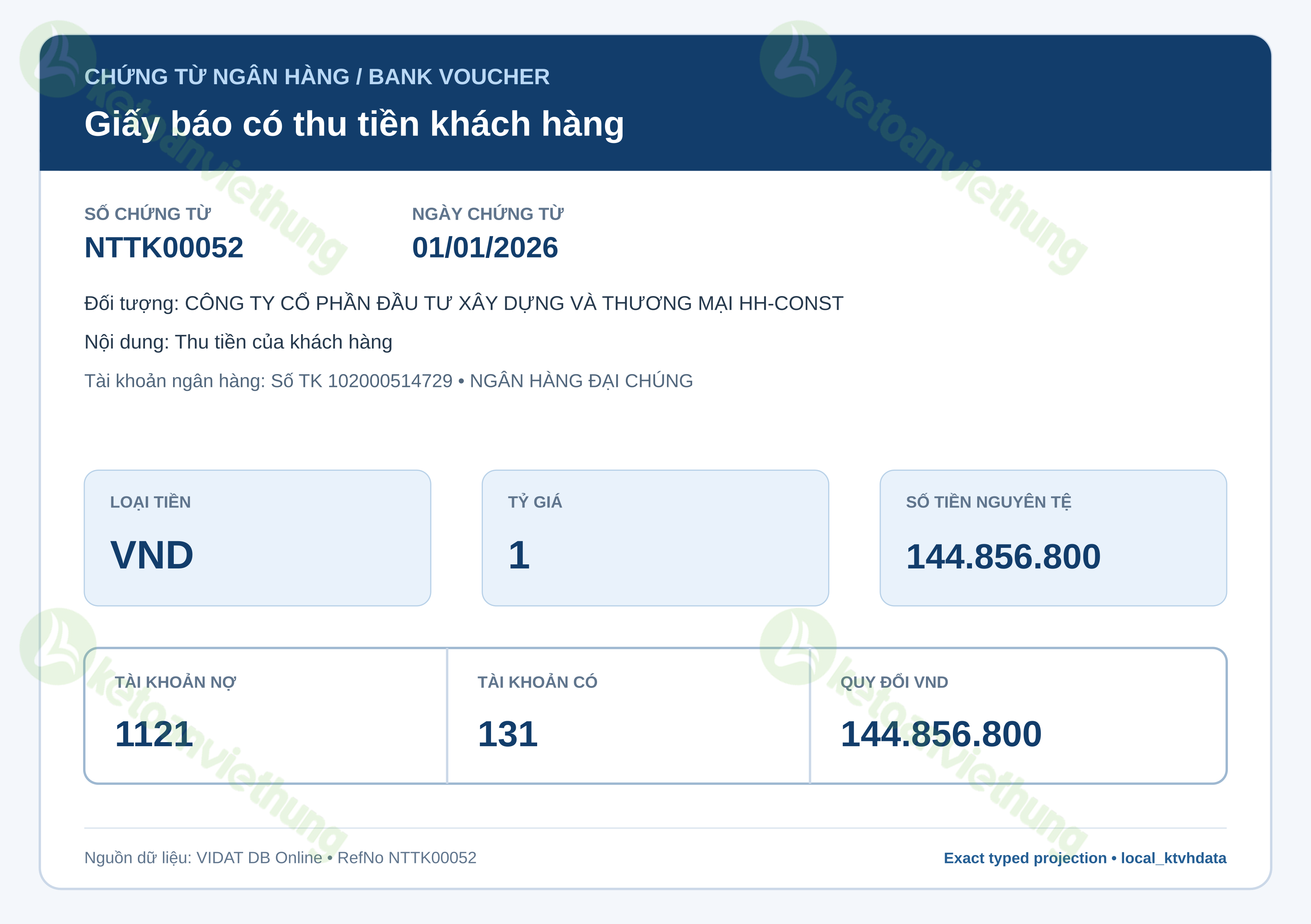 Giấy báo có thu tiền khách hàng: NTTK00052