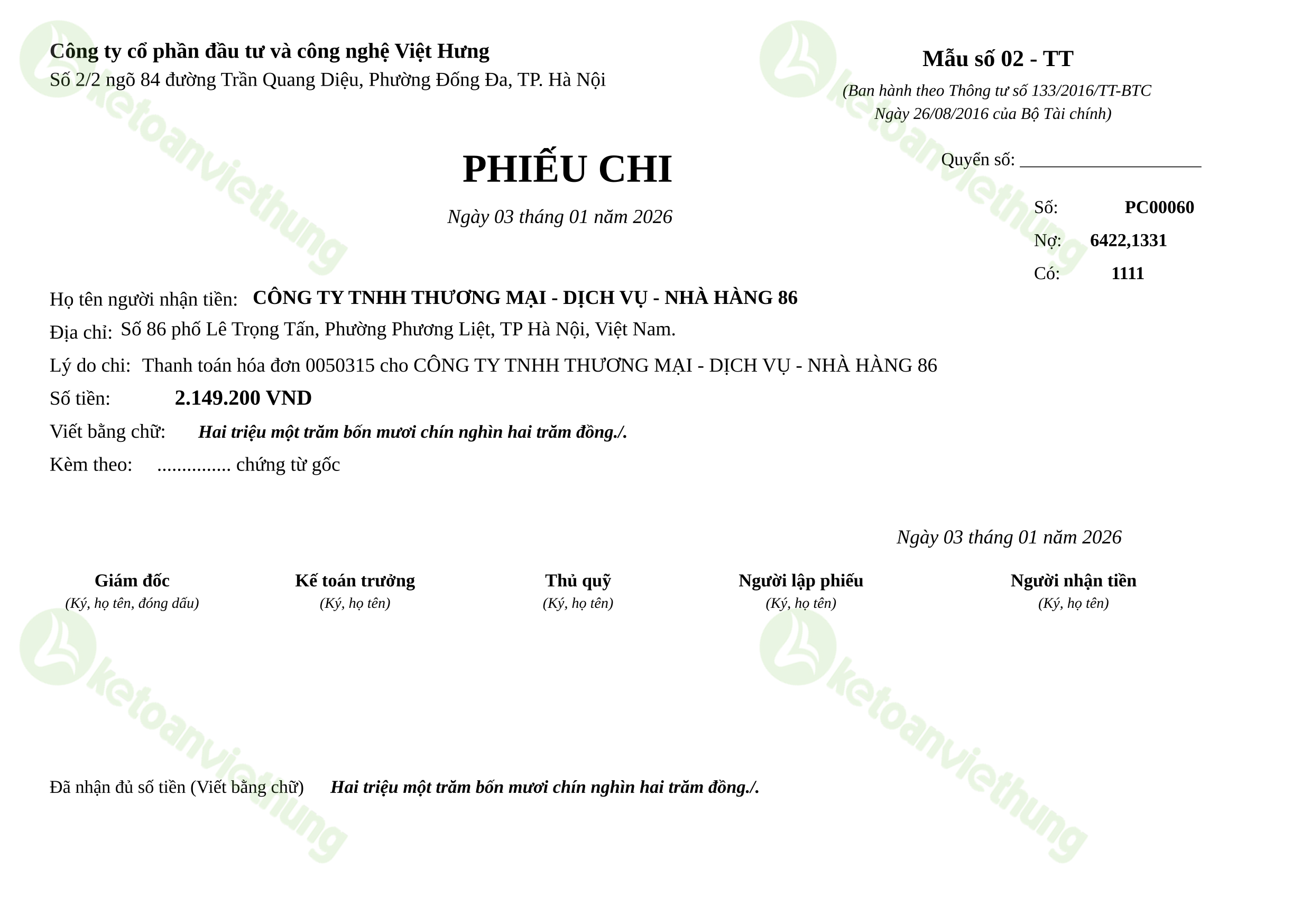 Phiếu chi thanh toán hóa đơn mua vào: PC00060