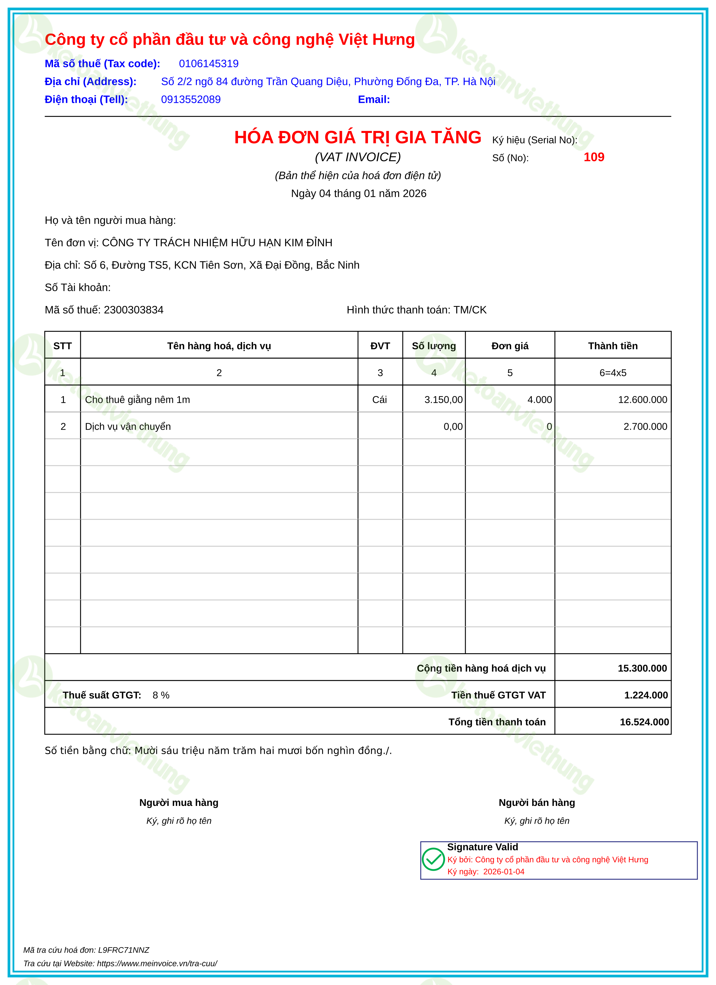 Hóa đơn bán hàng dịch vụ: 109