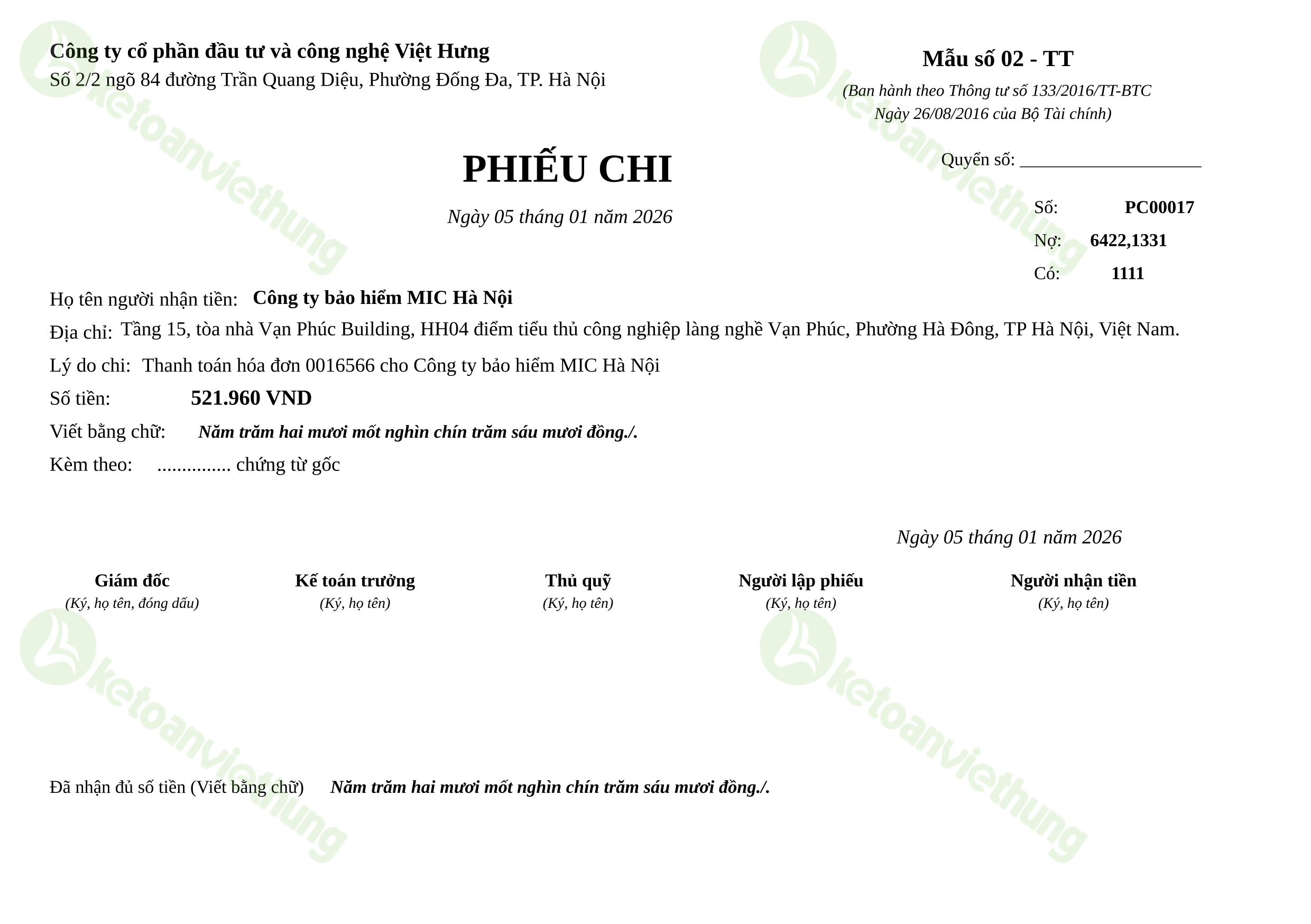 Phiếu chi thanh toán hóa đơn mua vào: PC00017