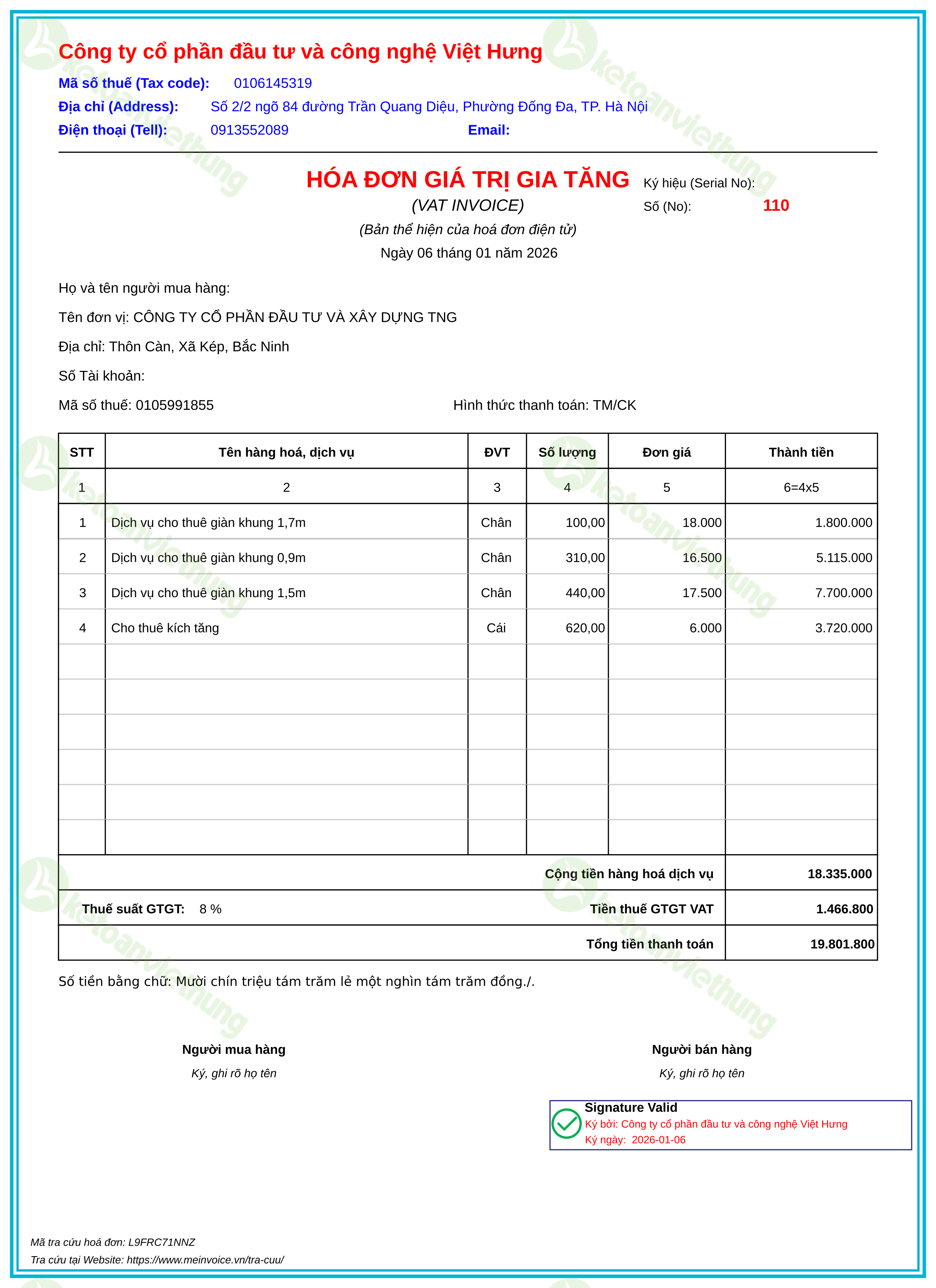 Hóa đơn bán hàng dịch vụ: 110
