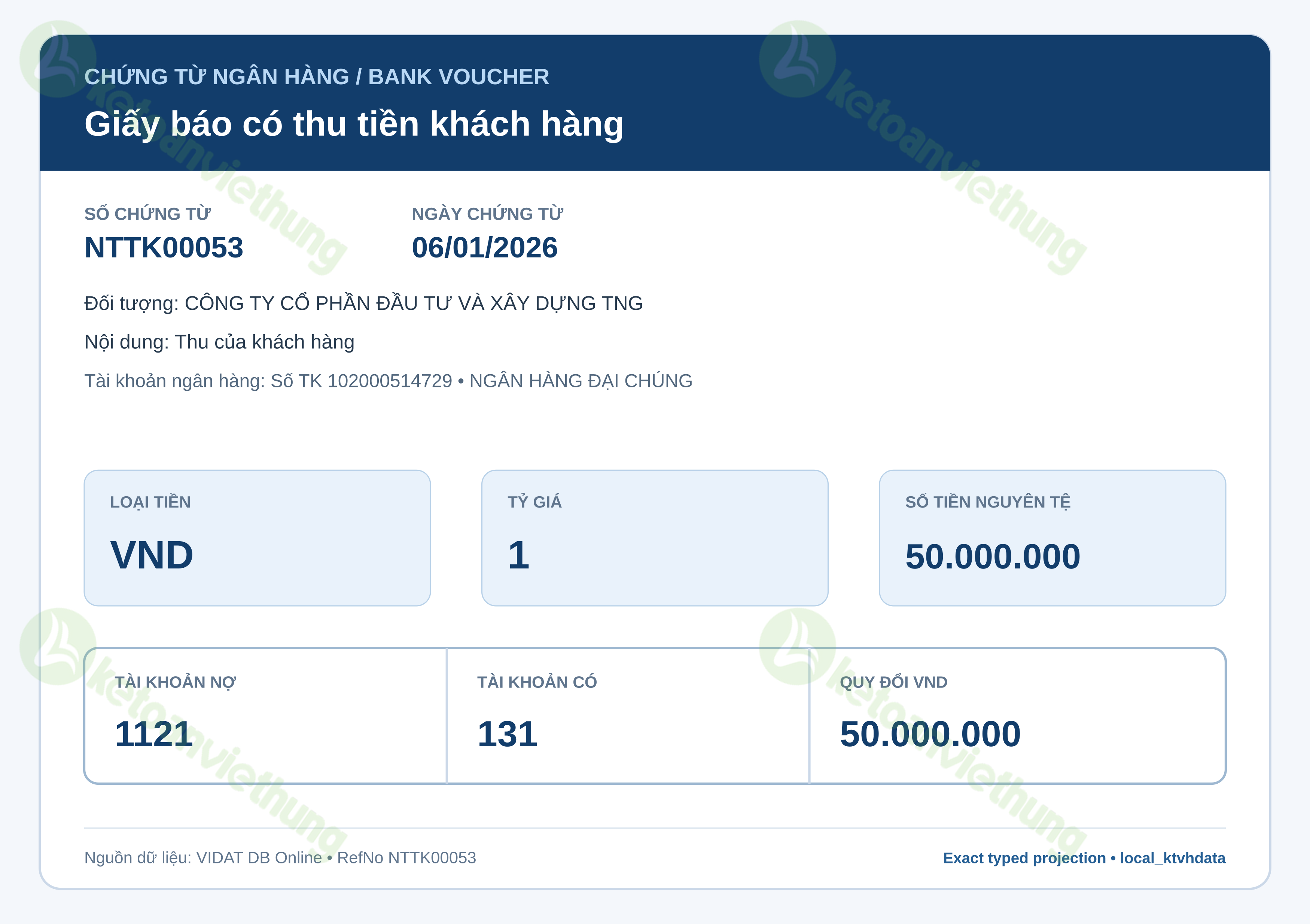 Giấy báo có thu tiền khách hàng: NTTK00053
