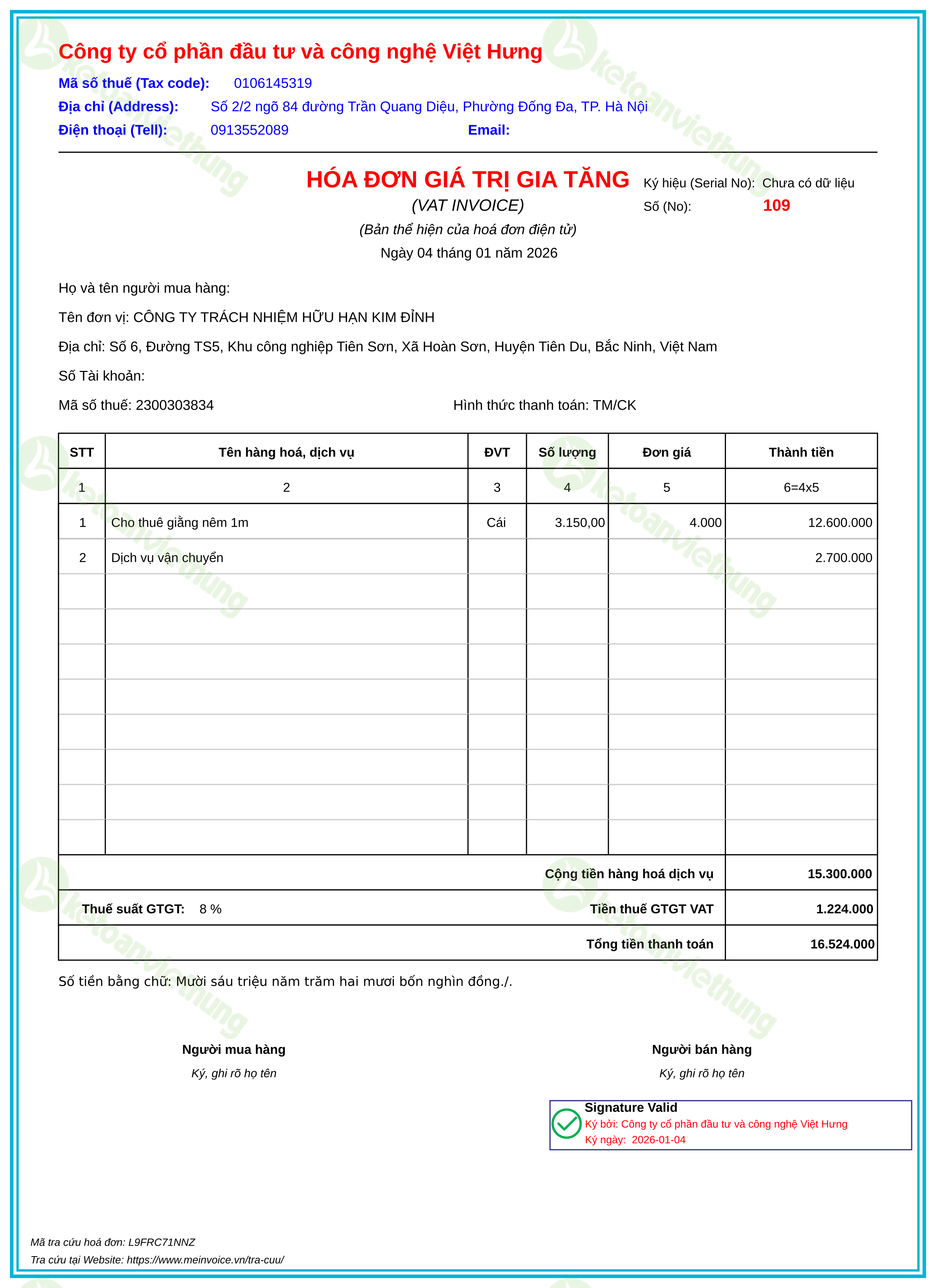 Hóa đơn bán hàng dịch vụ: 109