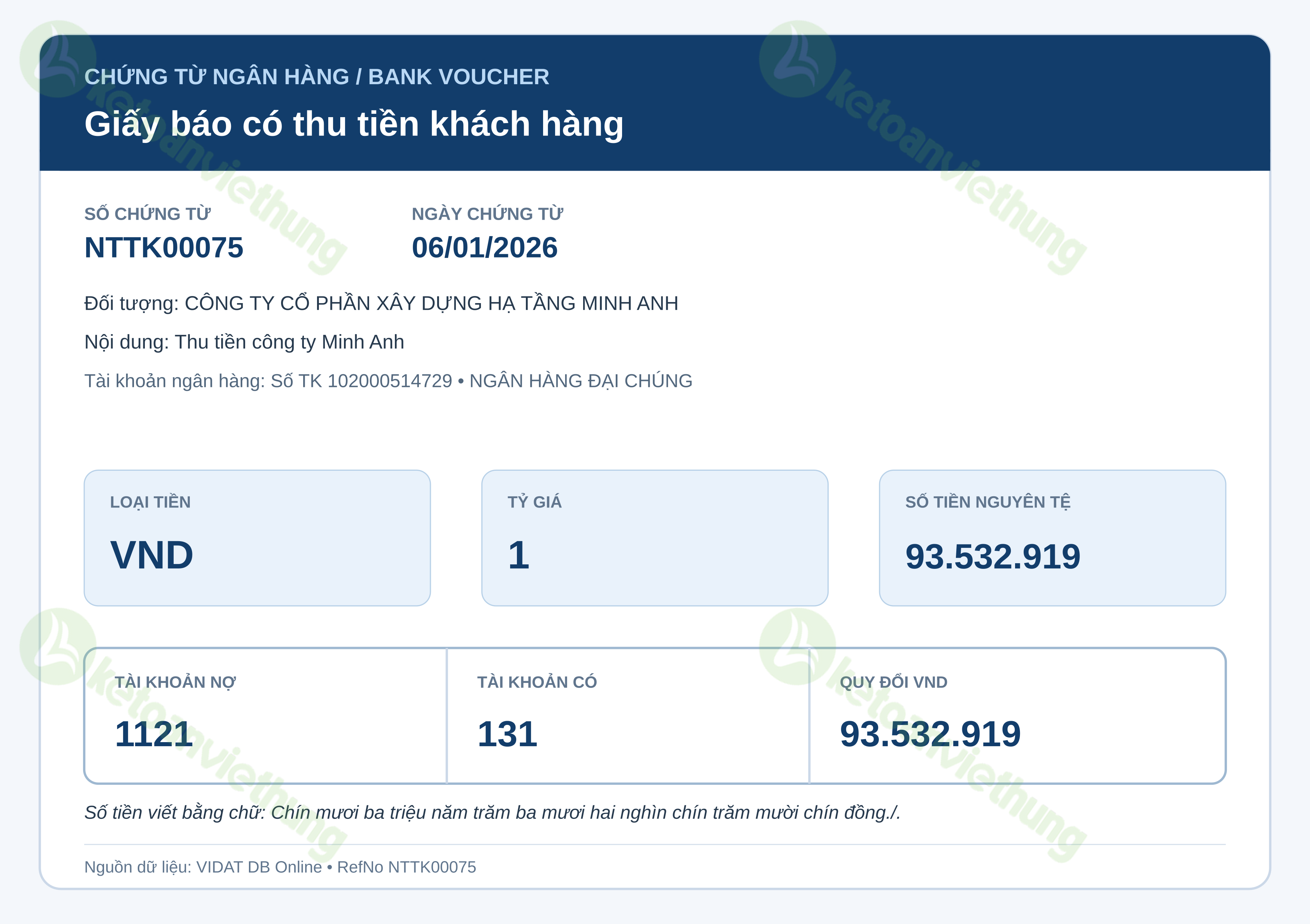 Giấy báo có thu tiền khách hàng: NTTK00075