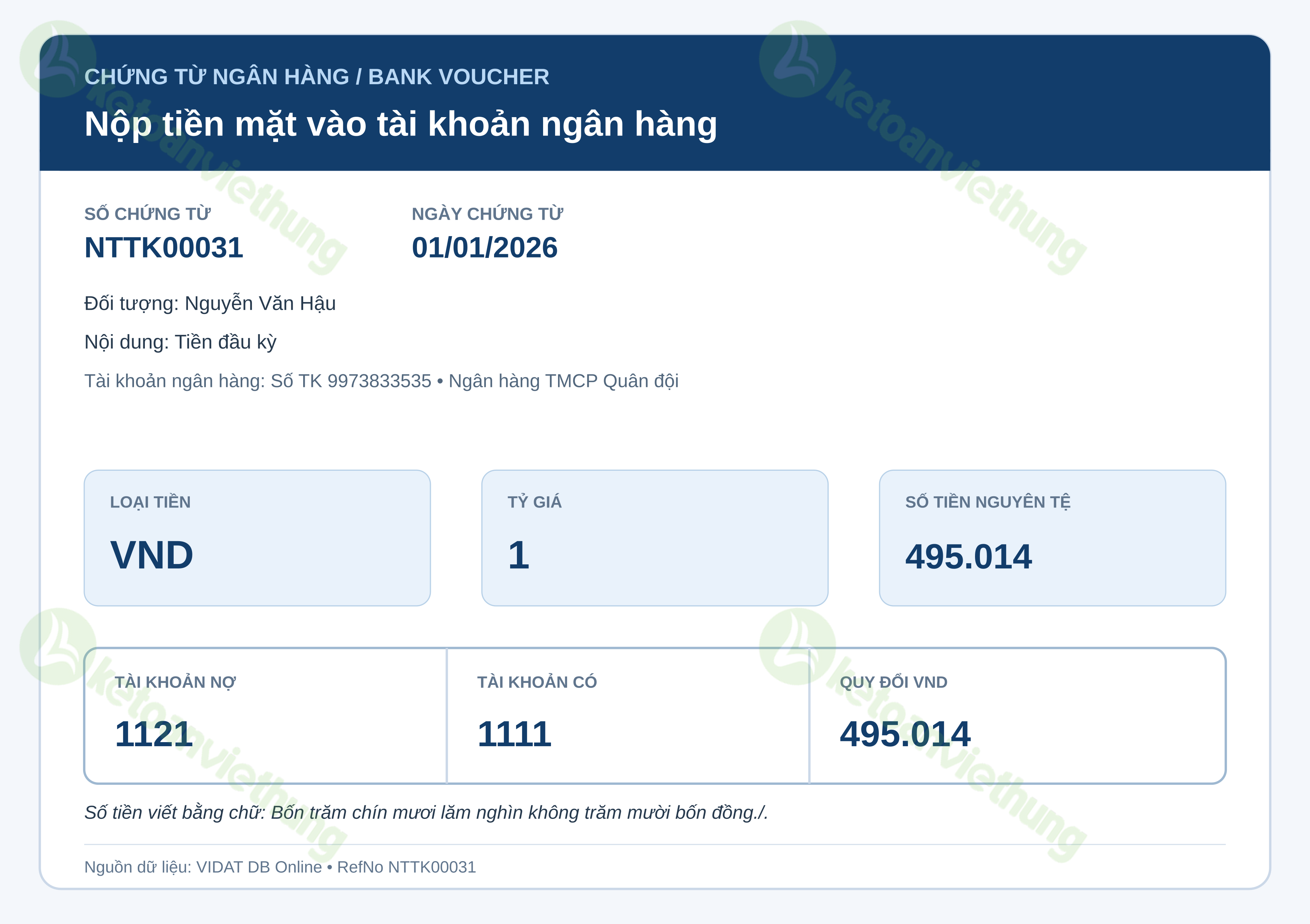 Nộp tiền mặt vào tài khoản ngân hàng: NTTK00031