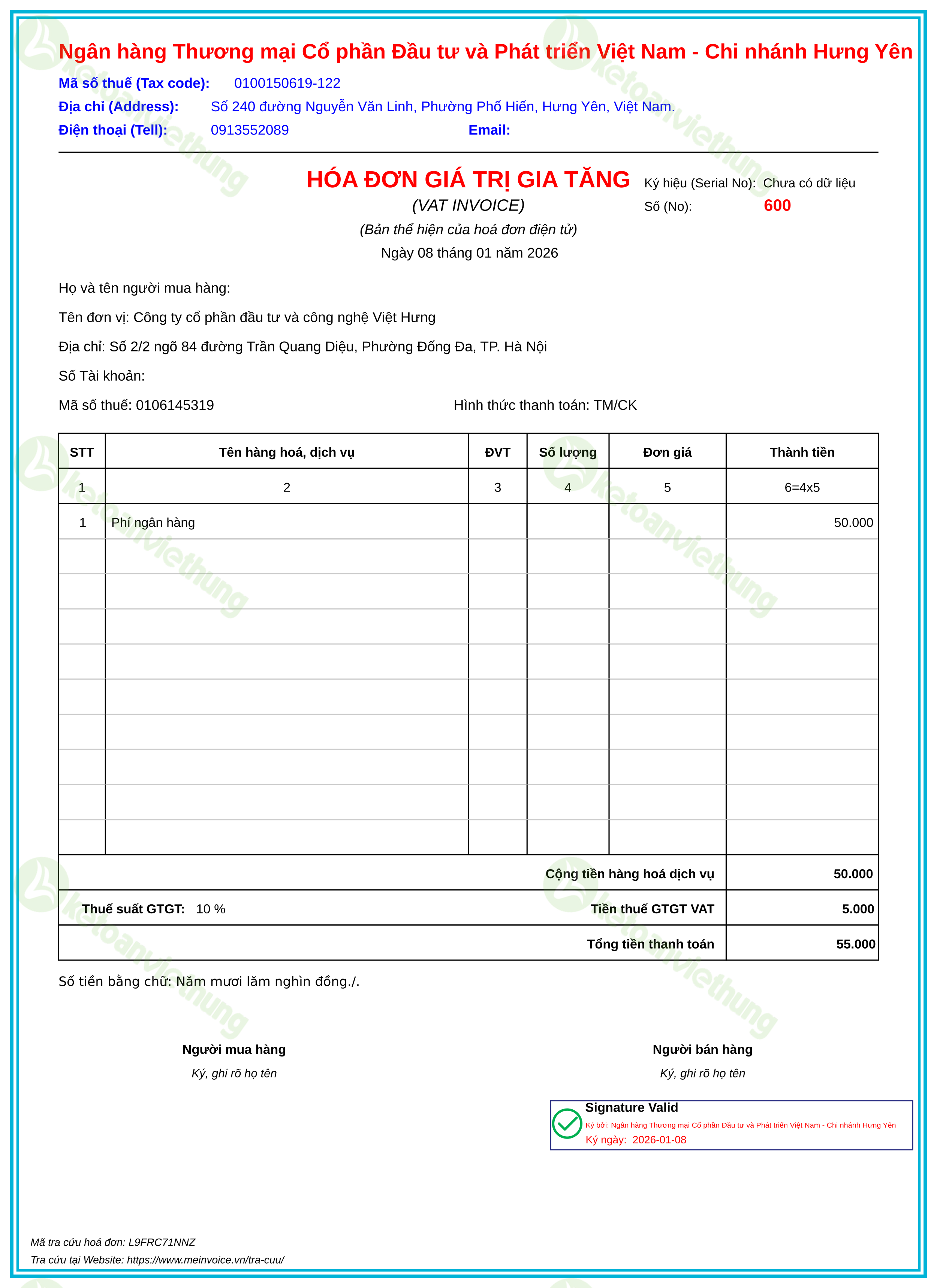 Hoá đơn mua vào chi phí DN: 600