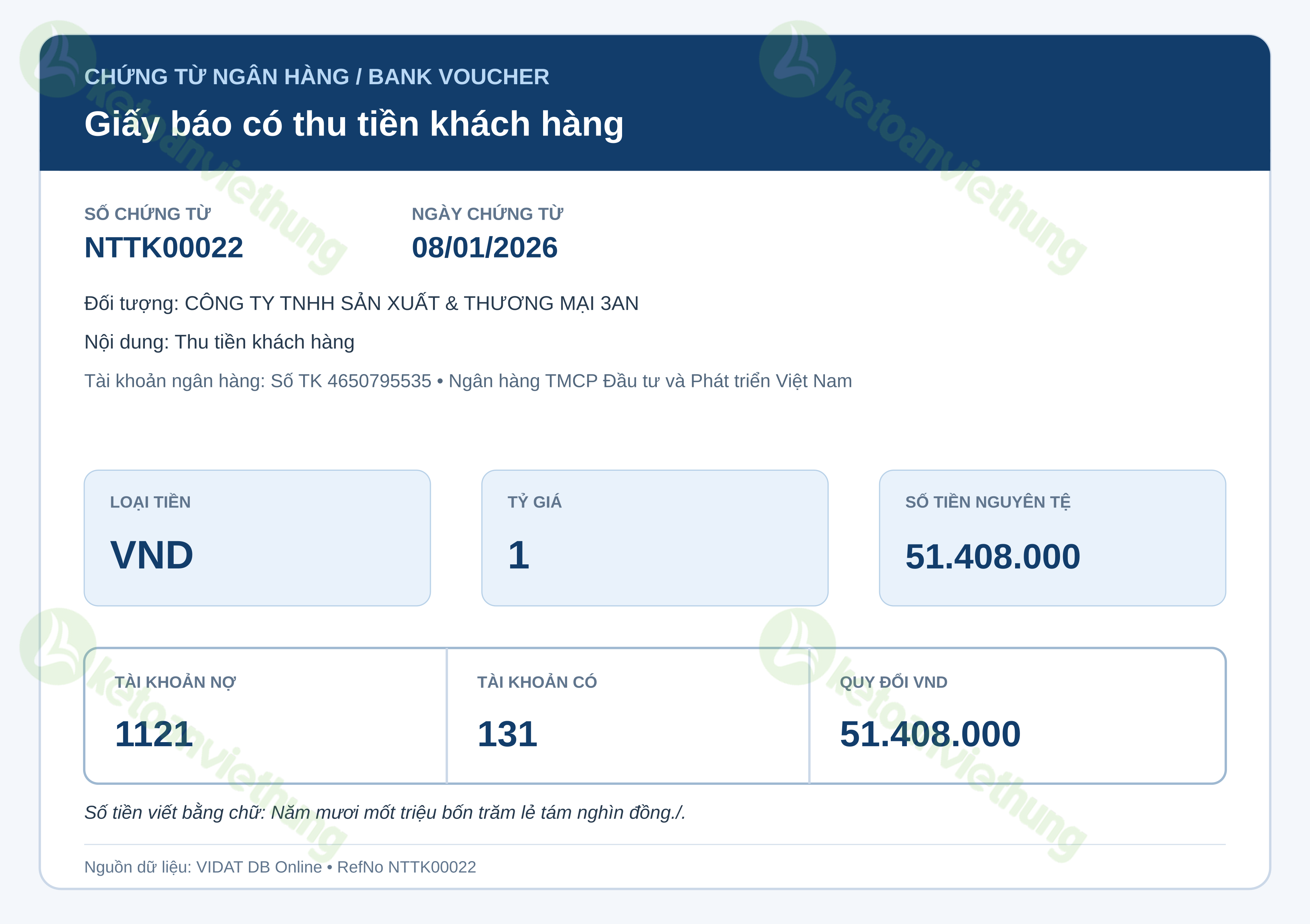 Giấy báo có thu tiền khách hàng: NTTK00022